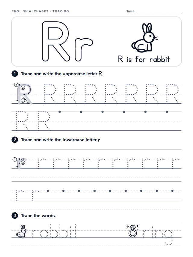 Worksheet Letter R Colour Rabbit Անգլերեն R տառի գրավարժություն երեխաների համար - անվճար PDF | playColorLab