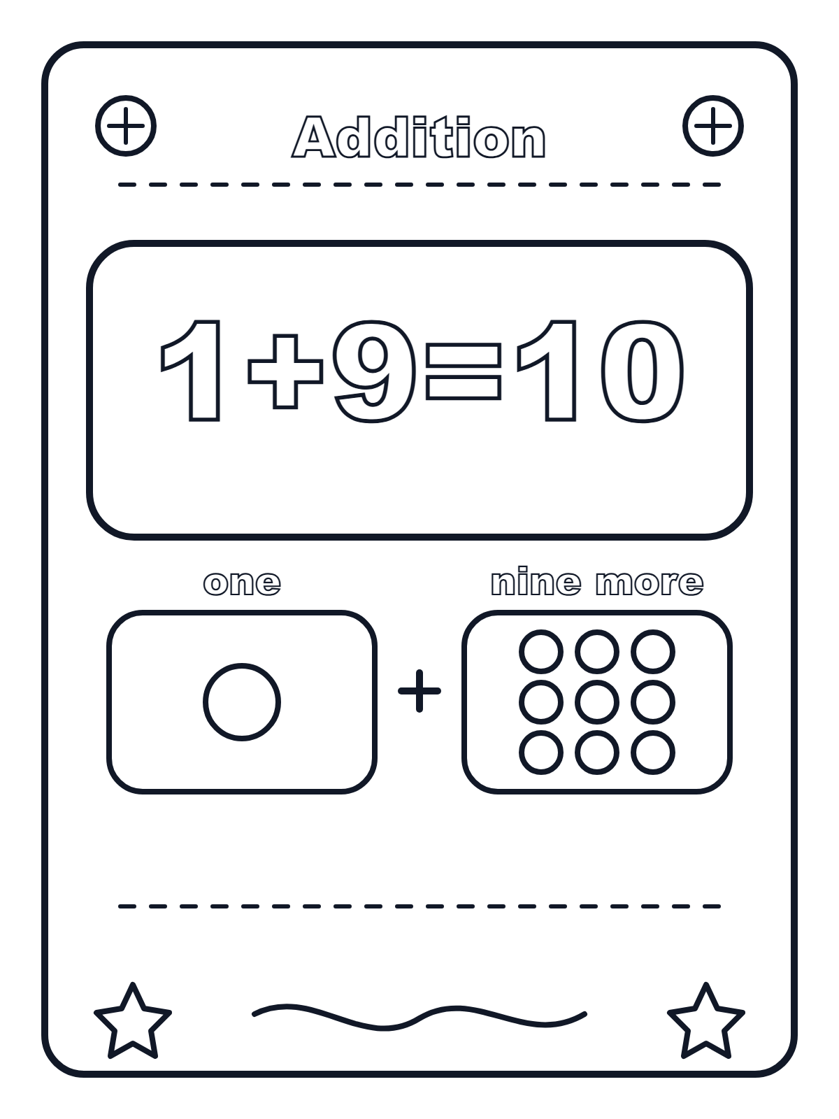 Сложение 1 + 9 — раскраска для печати