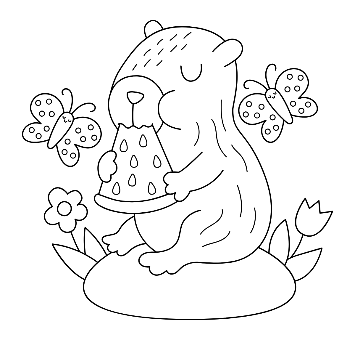 Bear with Watermelon — printable coloring page