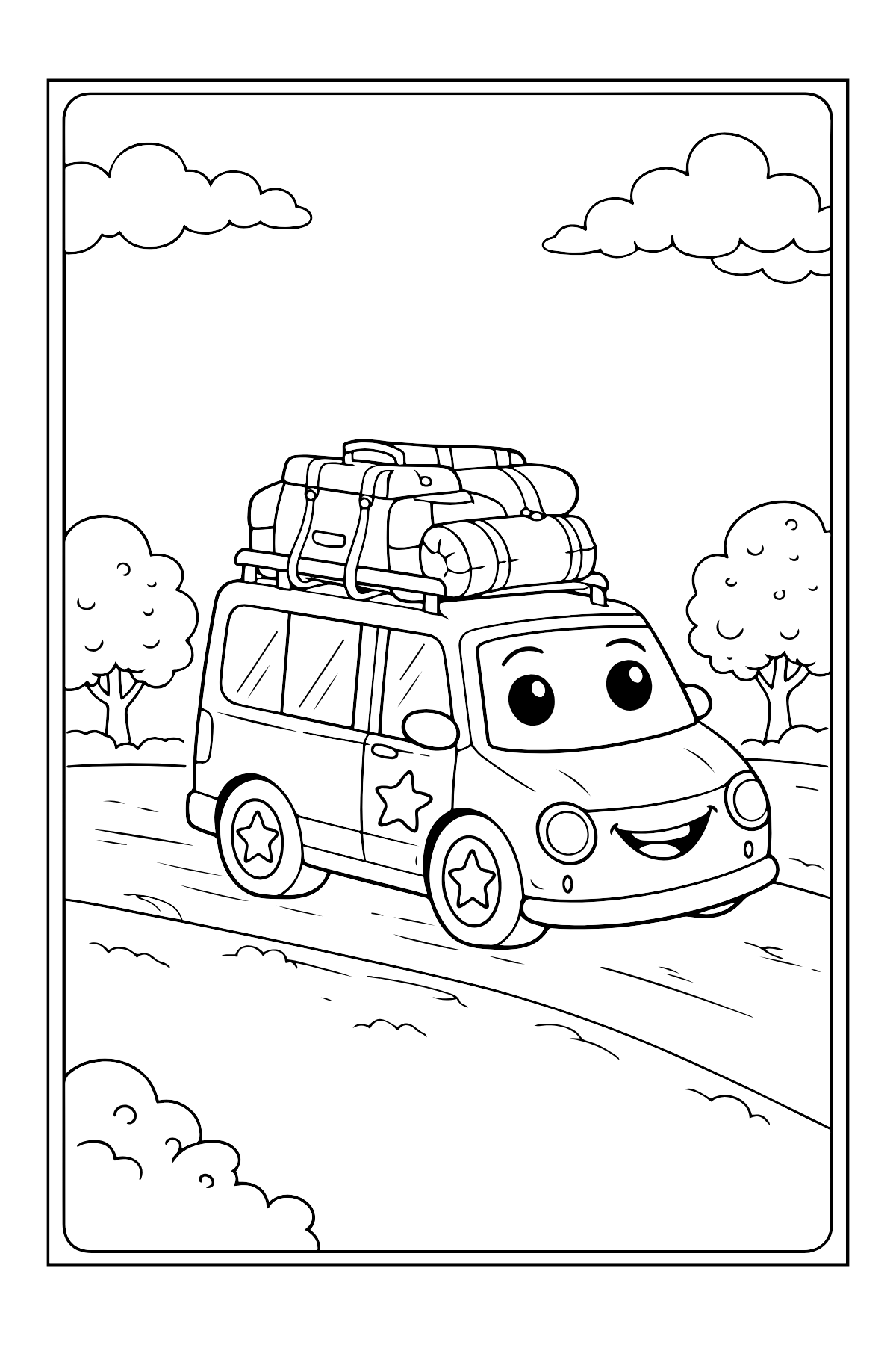 Cute Bus in City — printable coloring page