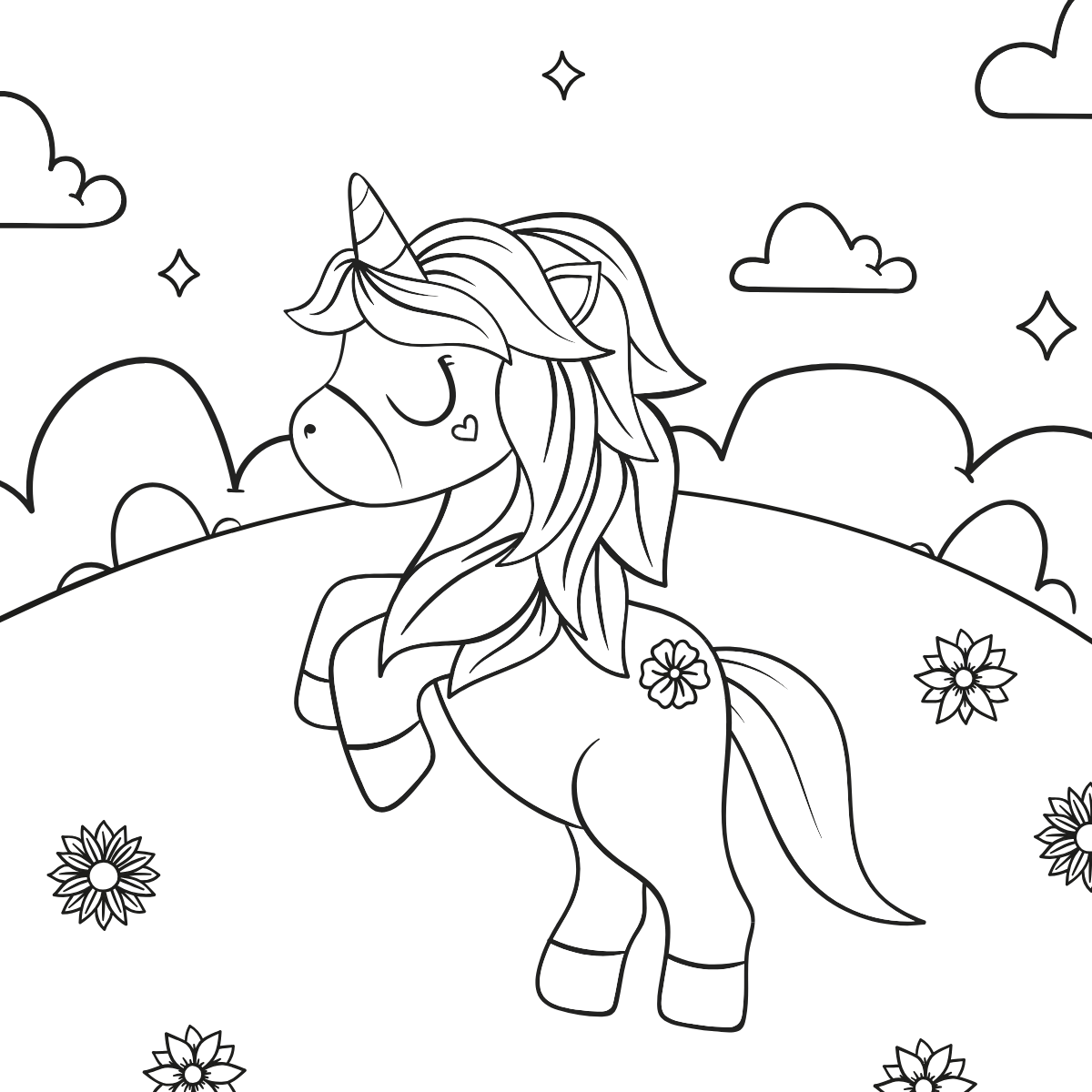 Dancing Unicorn in Meadow — printable coloring page