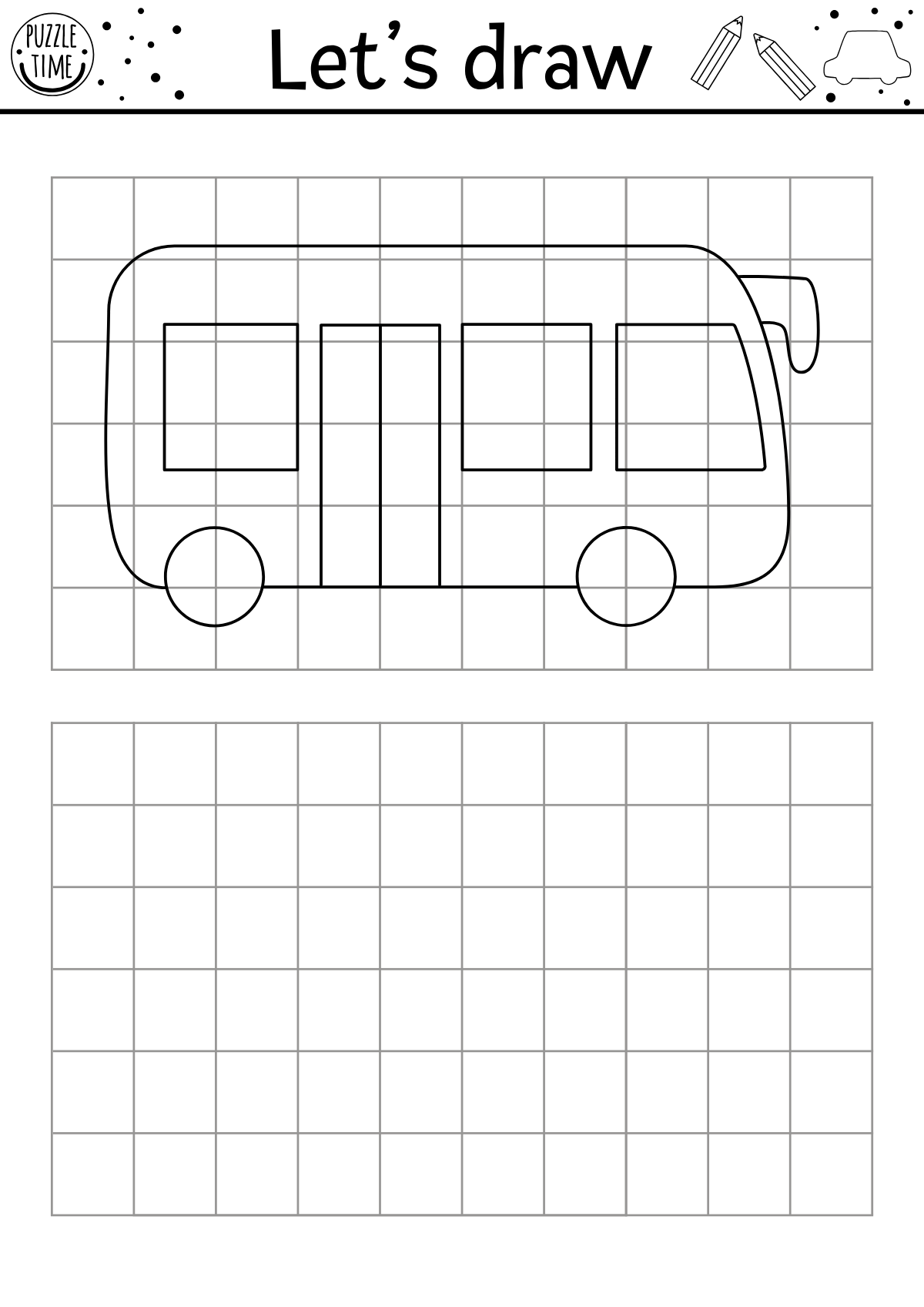 Draw a Car Grid — printable coloring page