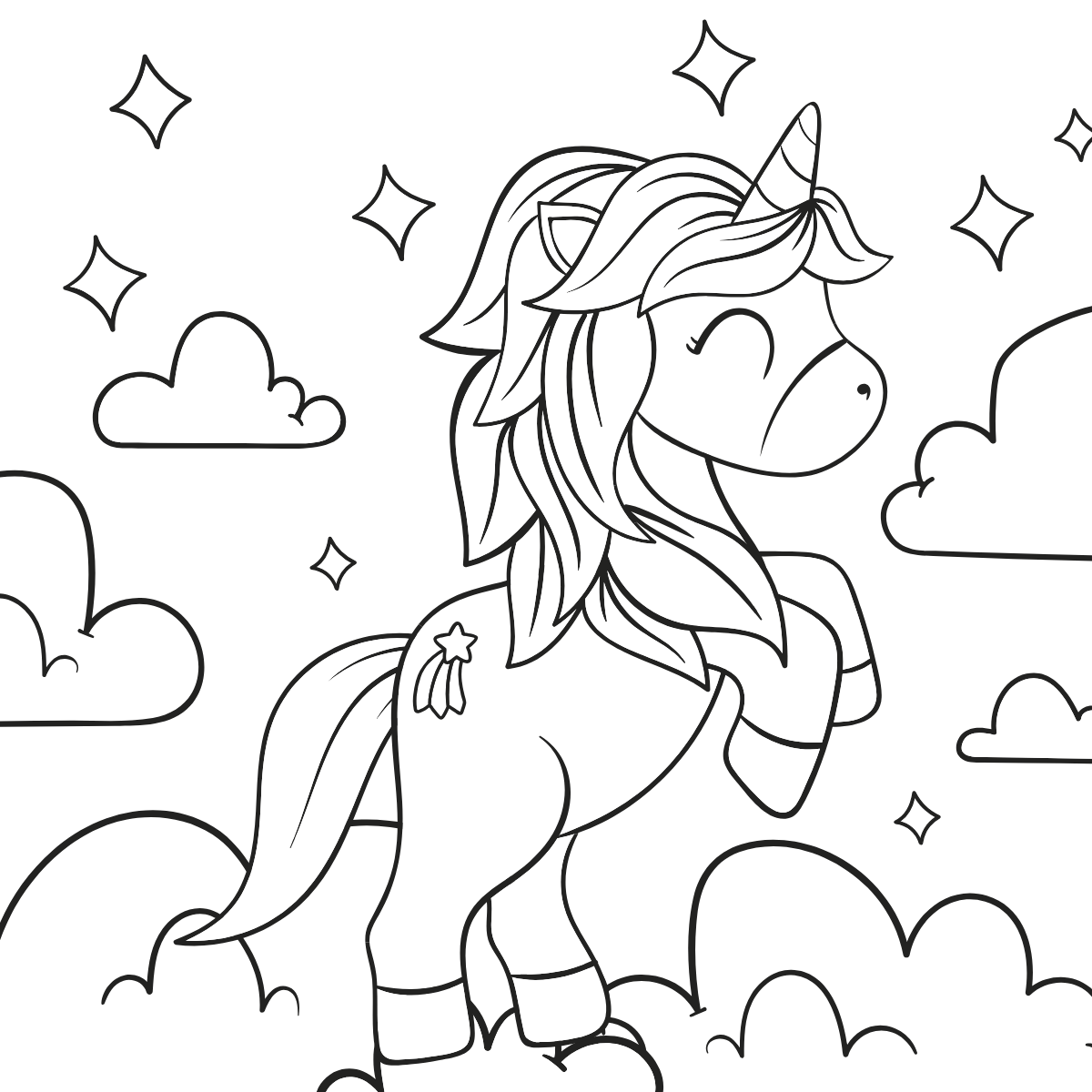 Dreamy Unicorn — printable coloring page