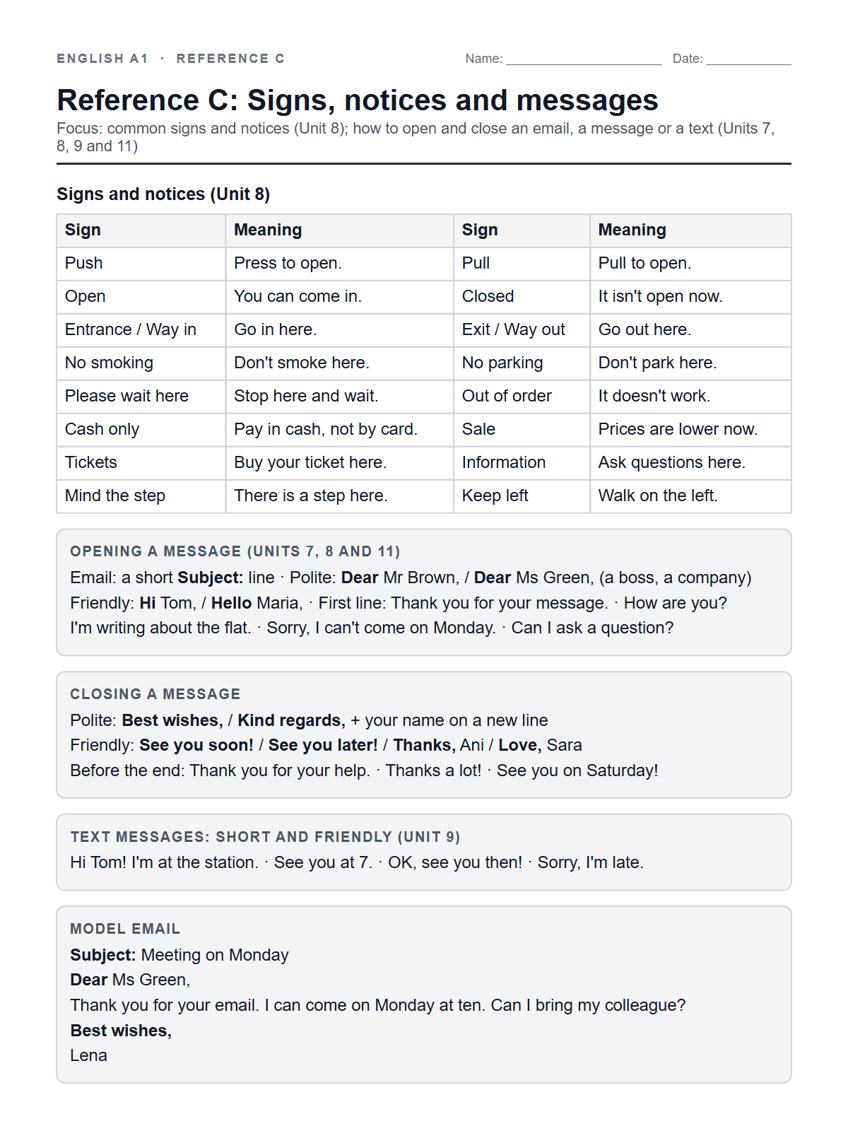 Reference C: Signs, notices and messages — printable worksheet
