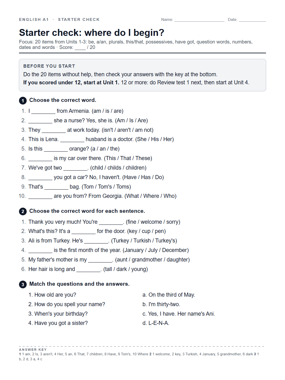 Starter check: where do I begin? — printable worksheet