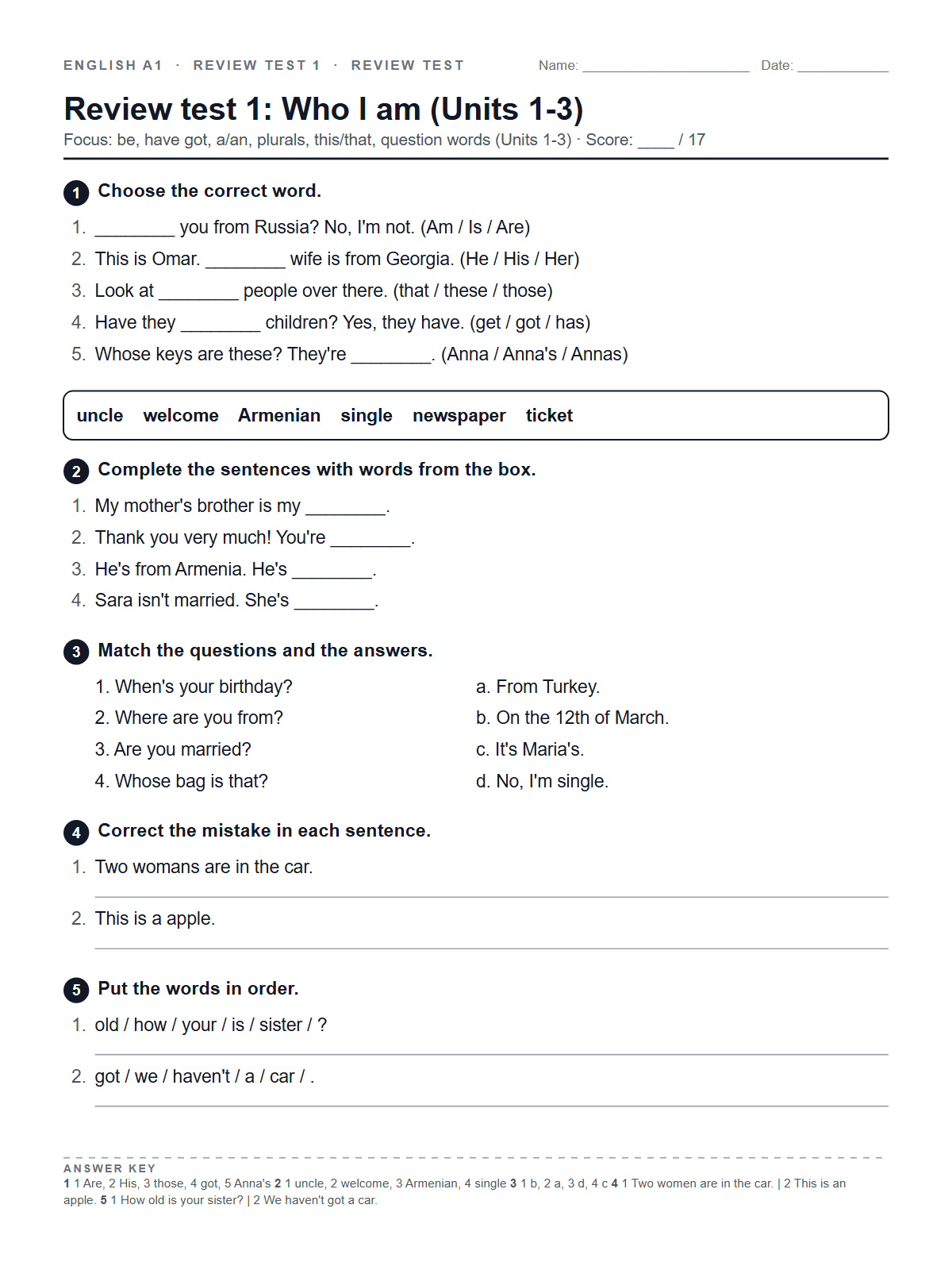 Review test 1: Who I am (Units 1-3) — printable worksheet