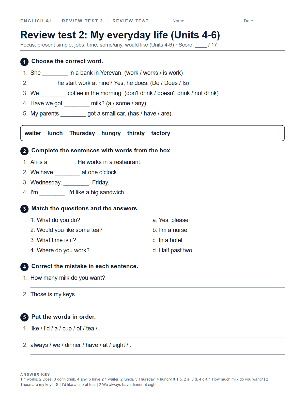 Review test 2: My everyday life (Units 4-6) — printable worksheet