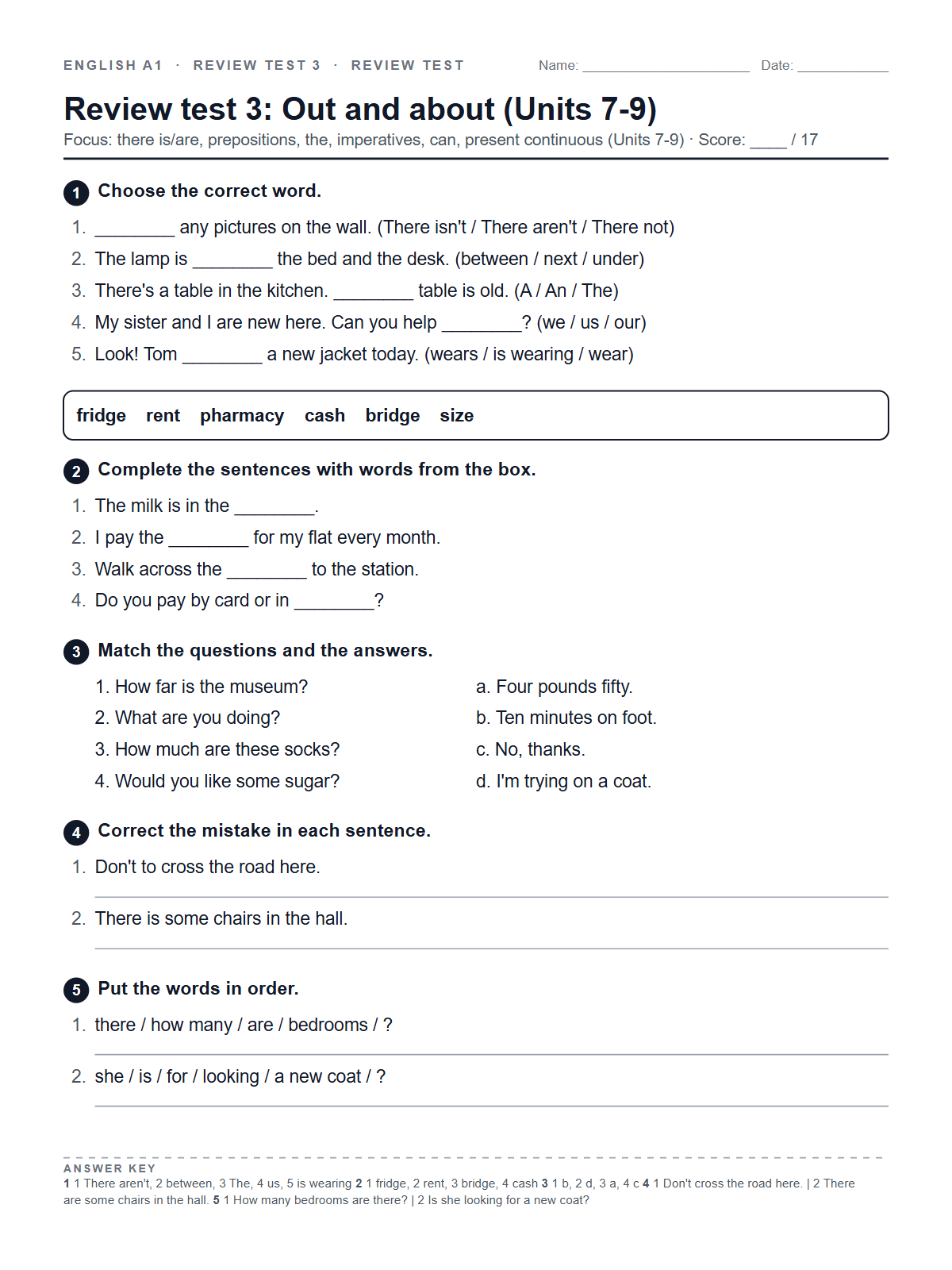 Review test 3: Out and about (Units 7-9) — printable worksheet