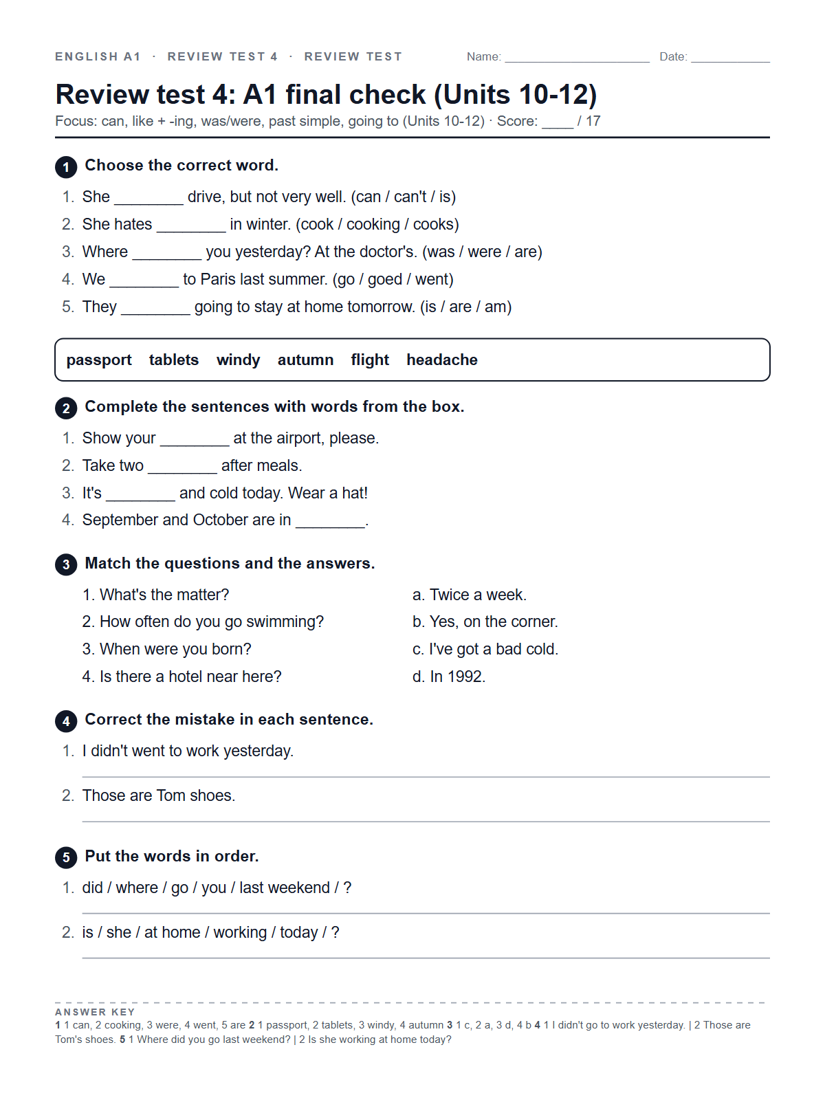 Review test 4: A1 final check (Units 10-12) — printable worksheet
