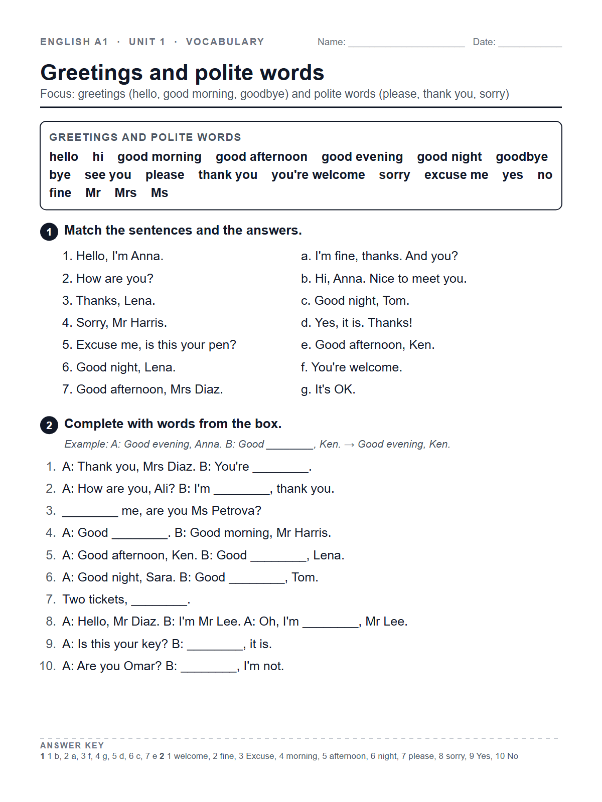 Greetings and polite words — printable worksheet