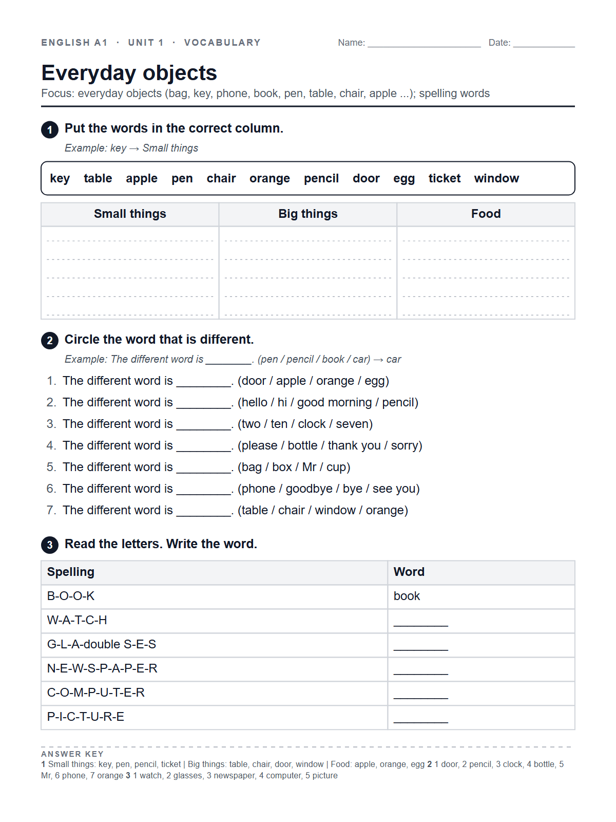Everyday objects — printable worksheet