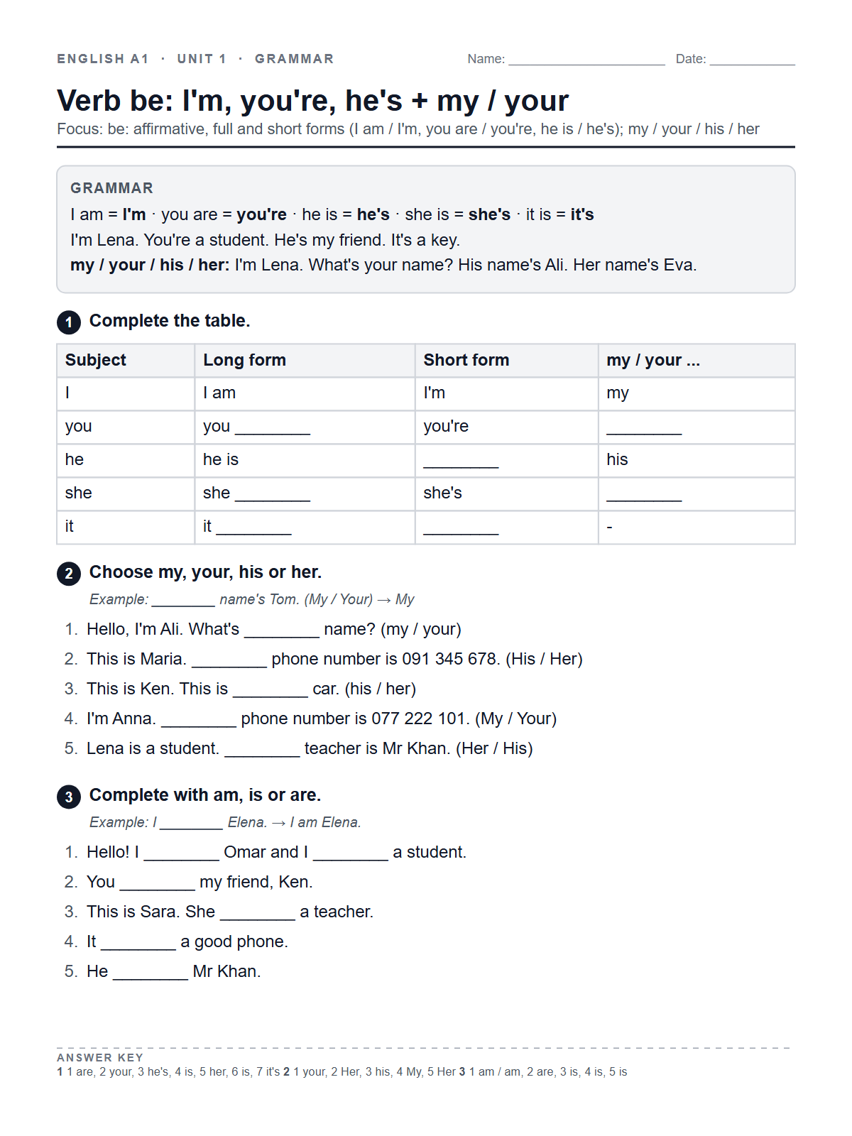 Verb be: I'm, you're, he's + my / your — printable worksheet