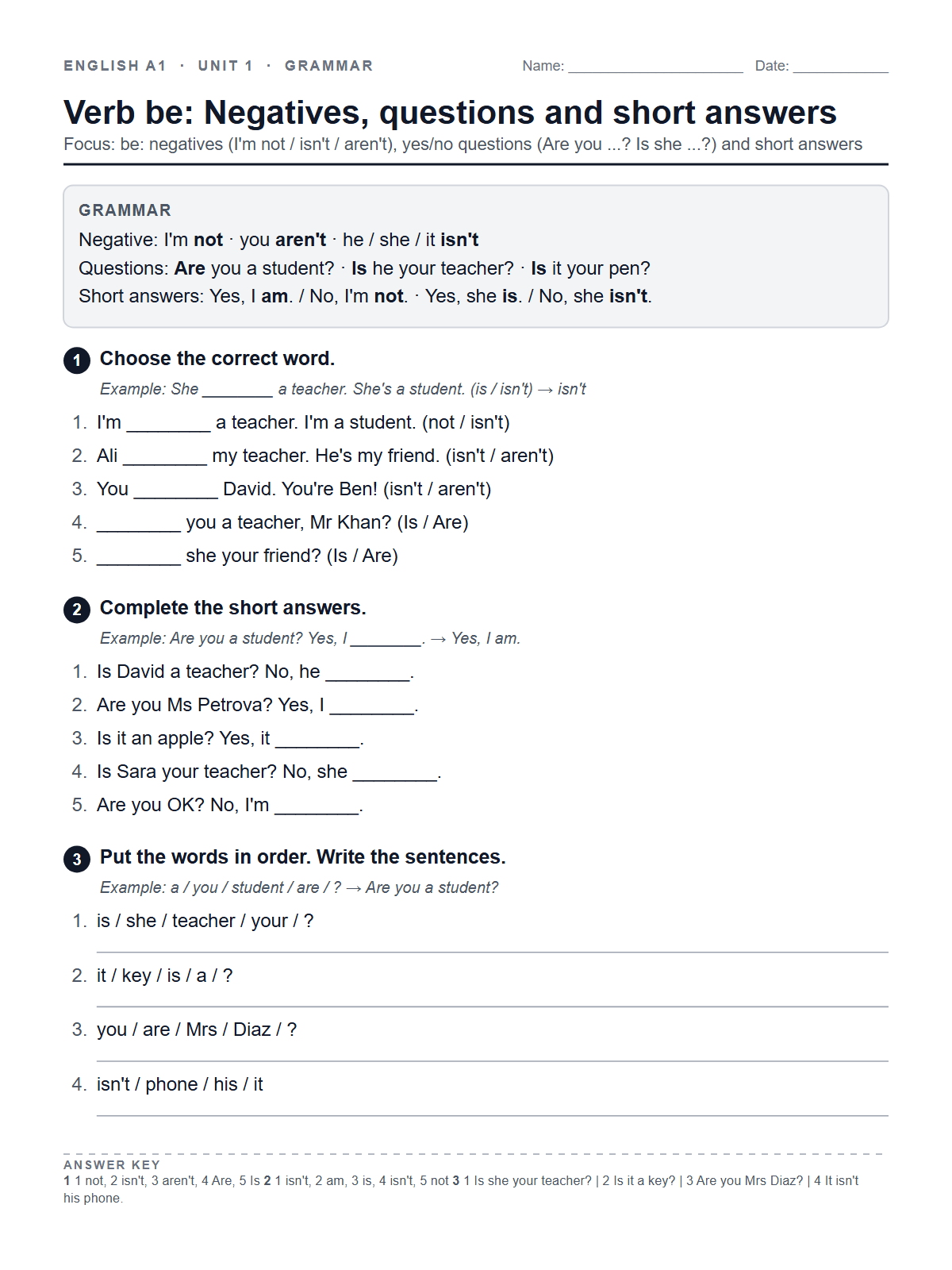 Verb be: Negatives, questions and short answers — printable worksheet