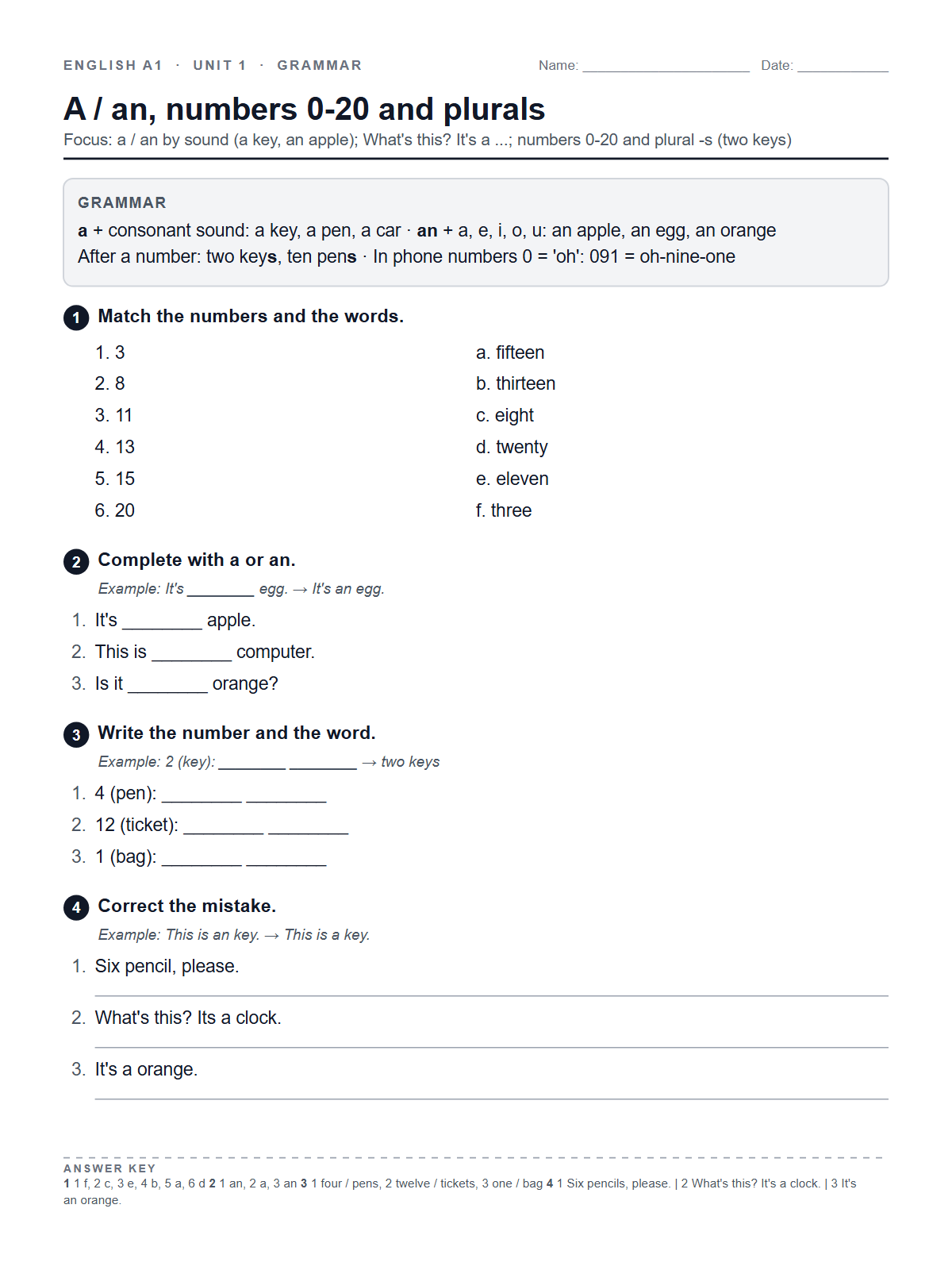 A / an, numbers 0-20 and plurals — printable worksheet