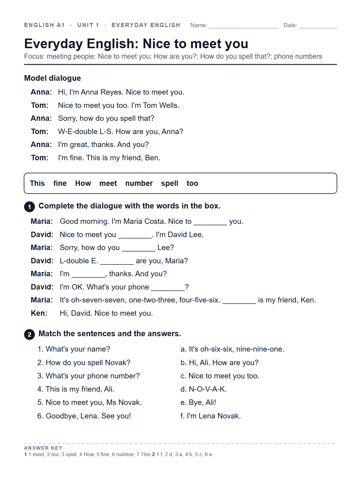 Everyday English: Nice to meet you — printable worksheet
