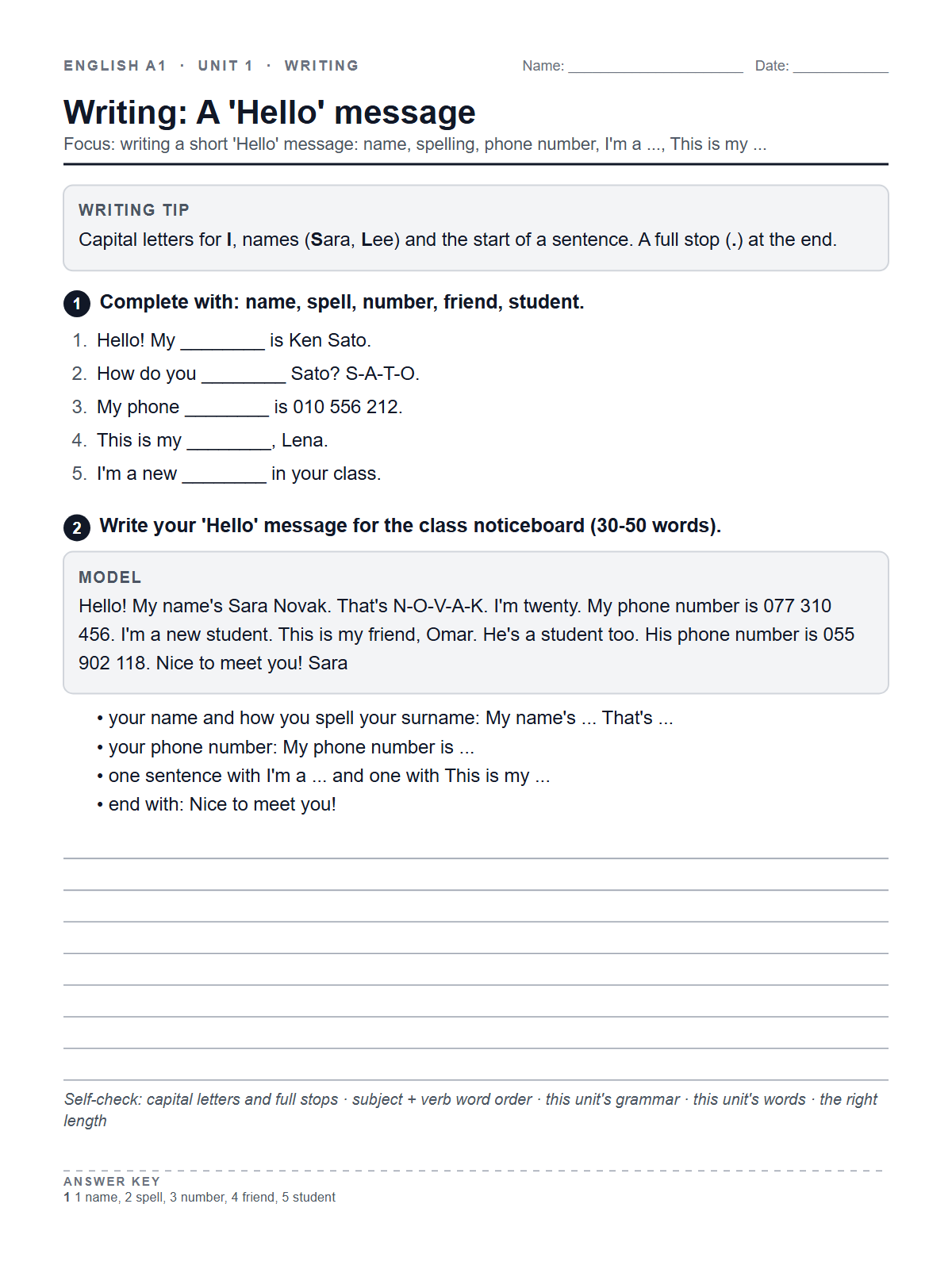 Writing: A 'Hello' message — printable worksheet