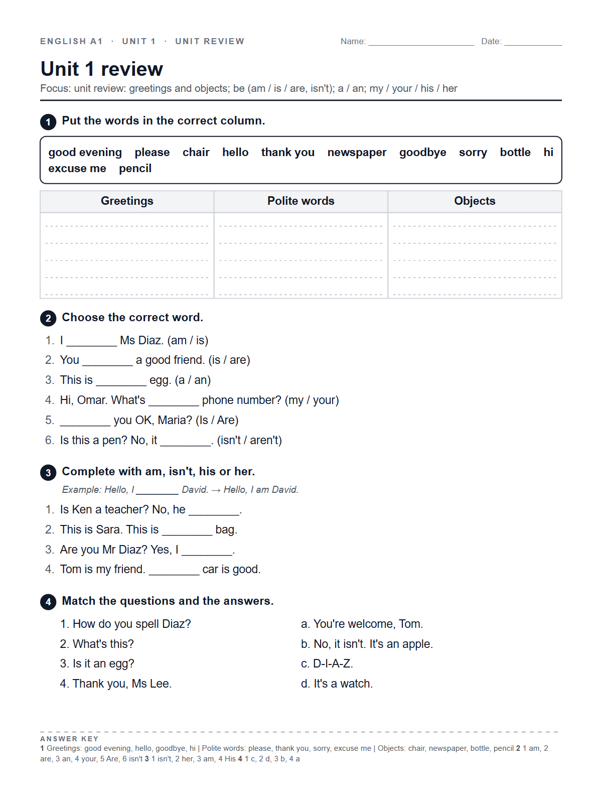 Unit 1 review — printable worksheet