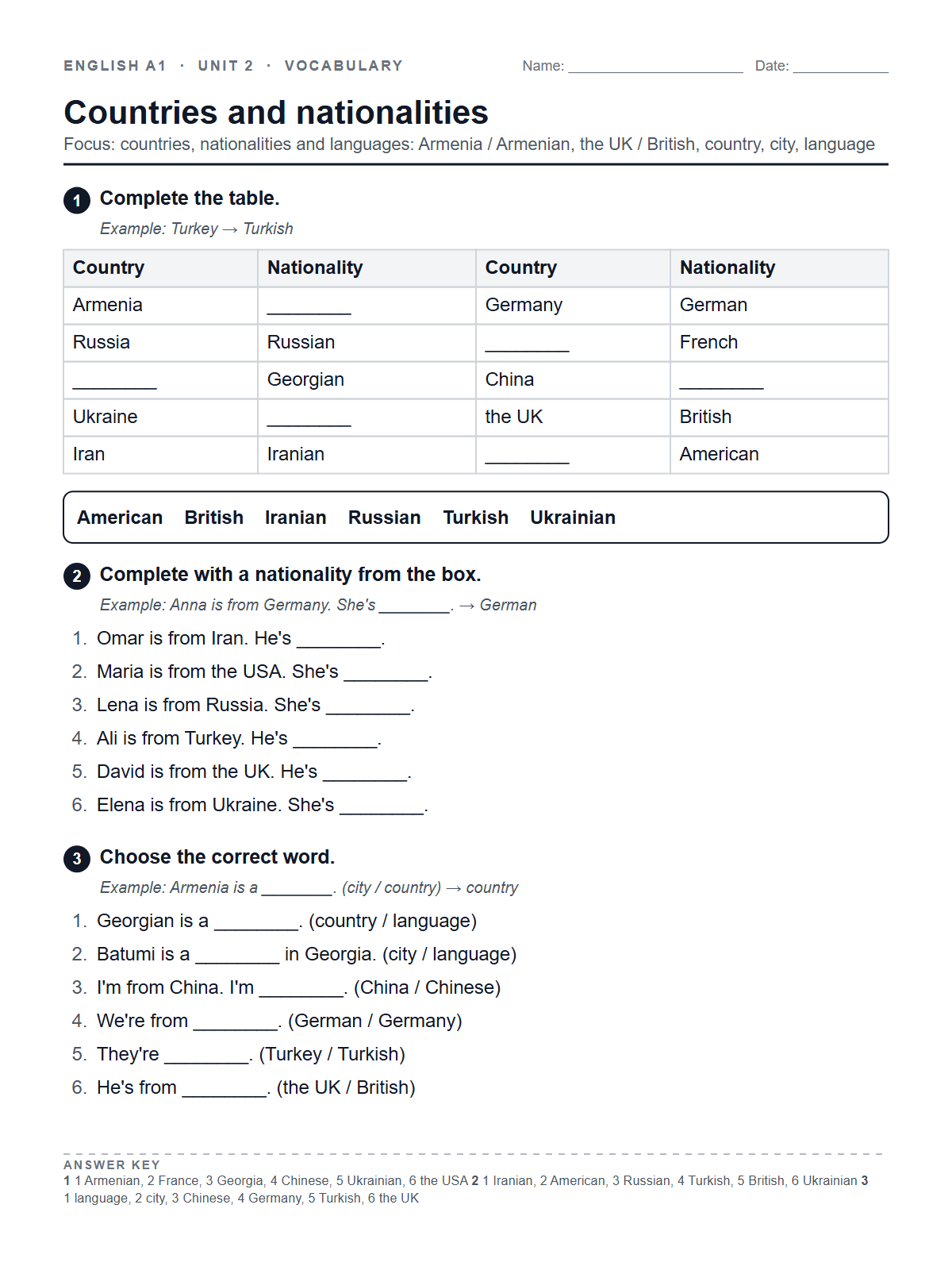 Countries and nationalities — printable worksheet