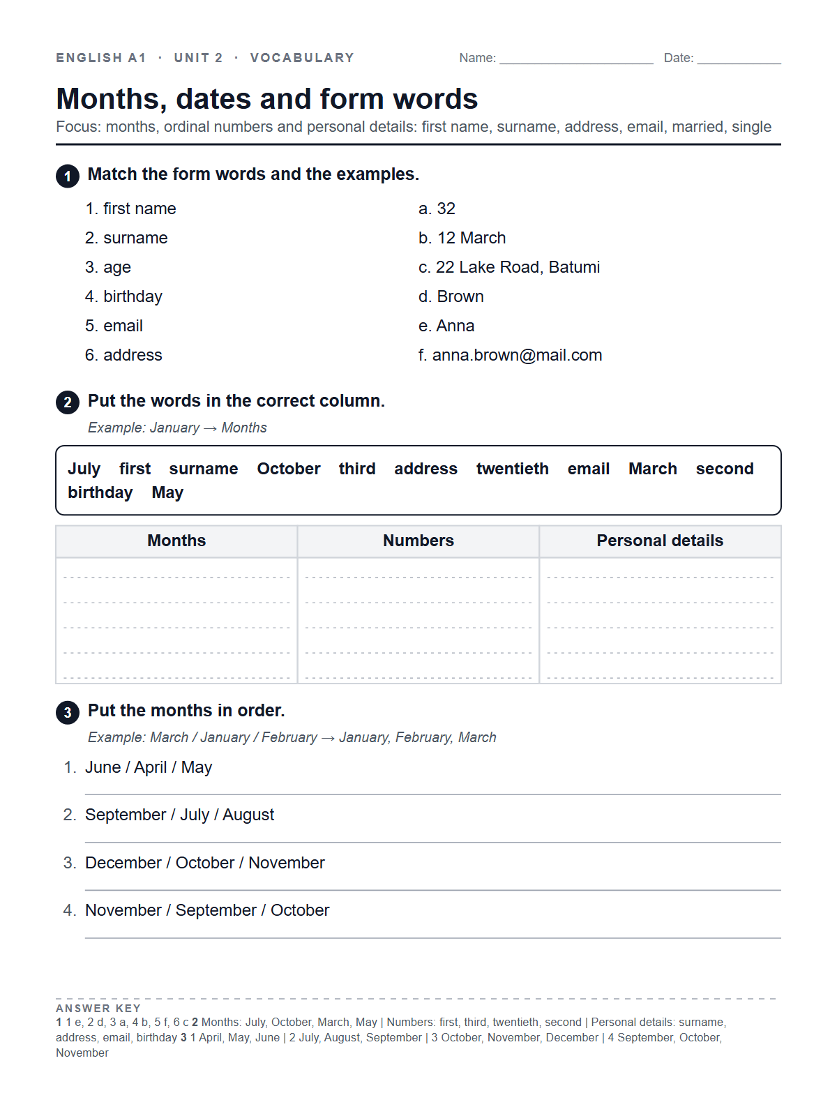 Months, dates and form words — printable worksheet