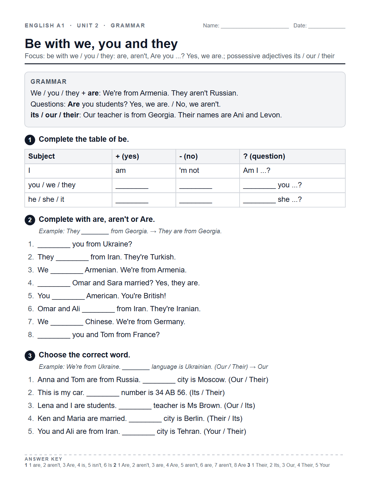 Be with we, you and they — printable worksheet