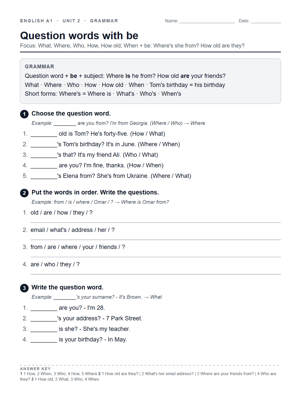 Question words with be — printable worksheet
