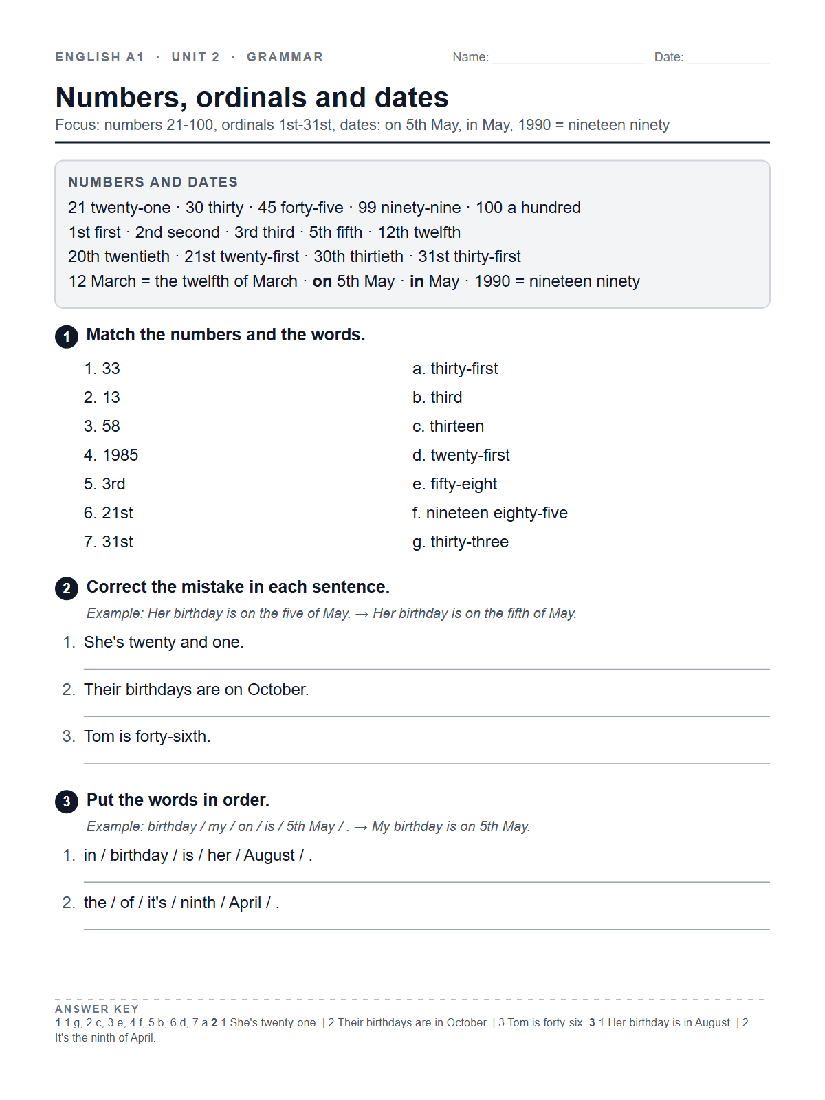 Numbers, ordinals and dates — printable worksheet