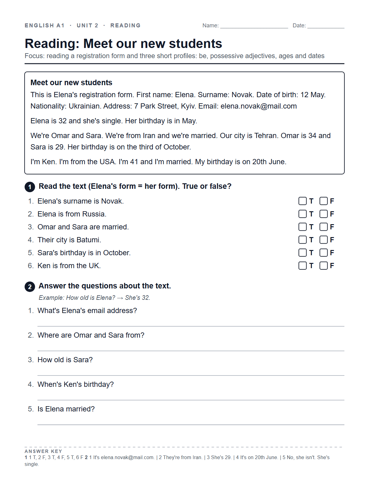 Reading: Meet our new students — printable worksheet