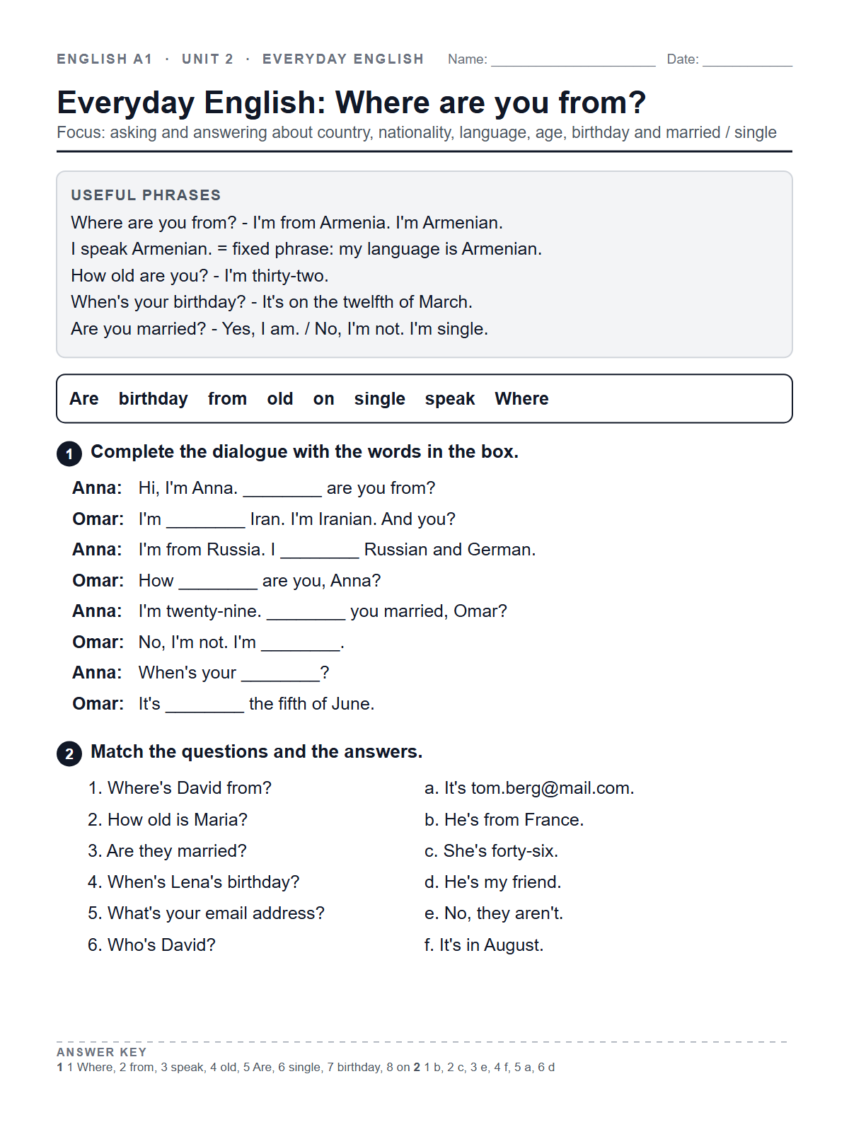 Everyday English: Where are you from? — printable worksheet