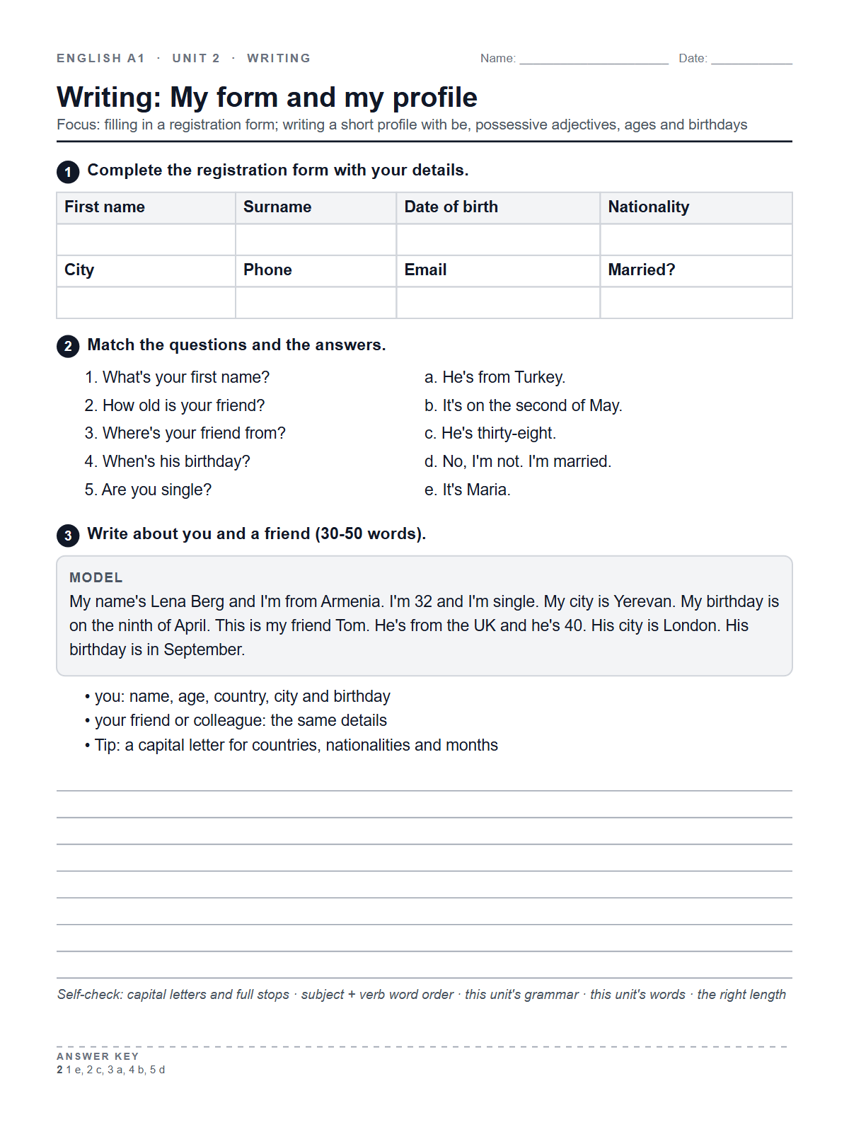 Writing: My form and my profile — printable worksheet