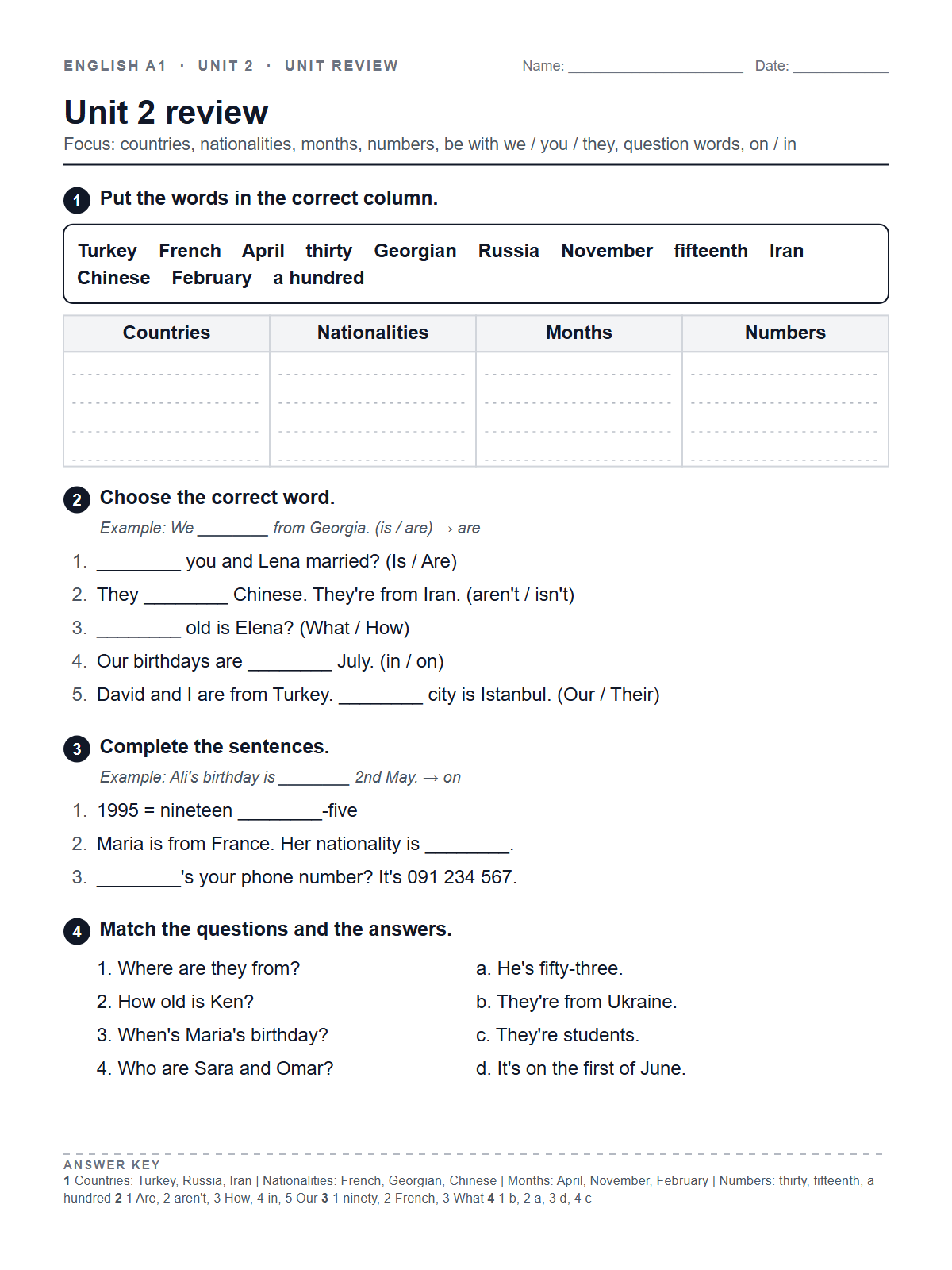 Unit 2 review — printable worksheet