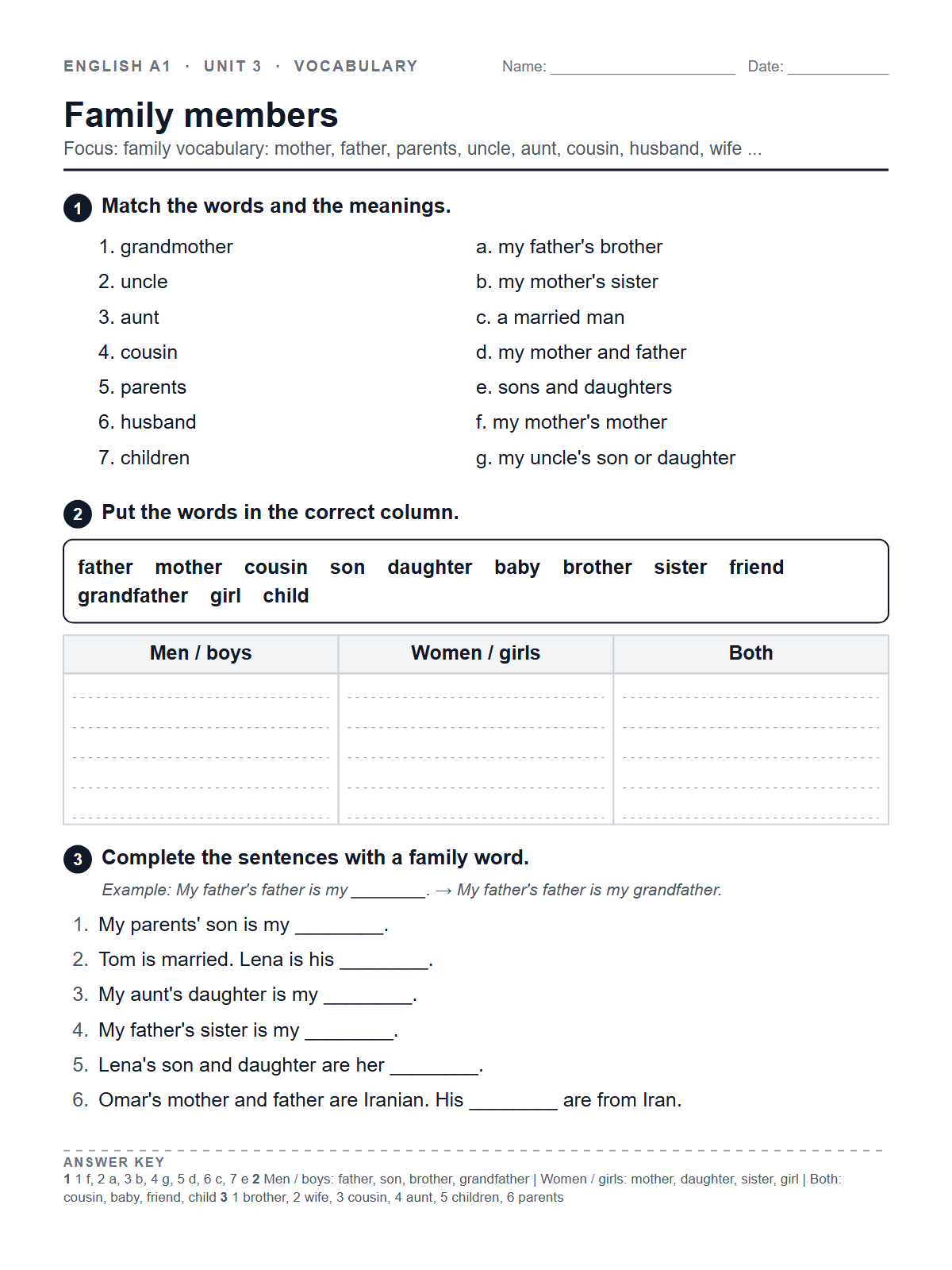 Family members — printable worksheet