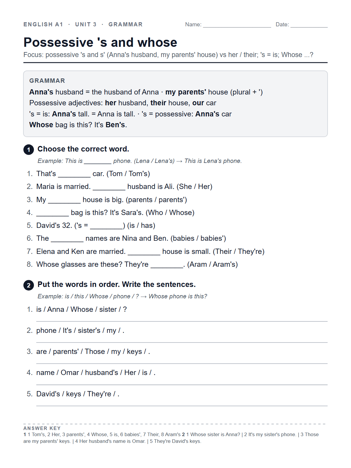 Possessive 's and whose — printable worksheet