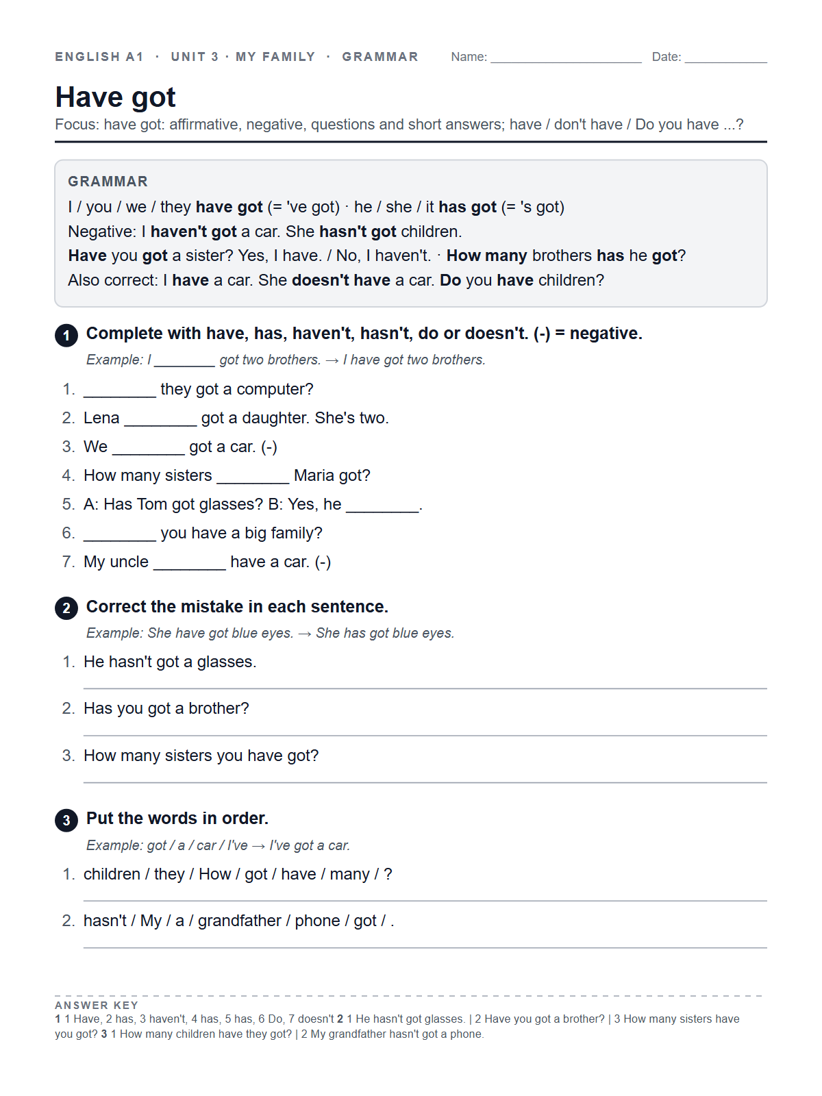 Have got — printable worksheet