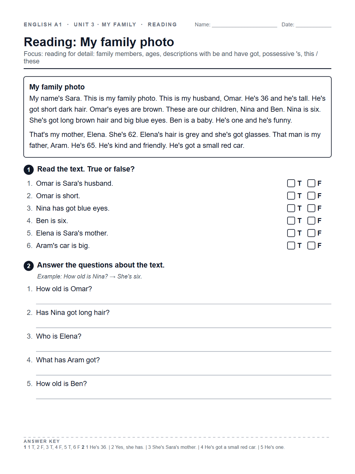 Reading: My family photo — printable worksheet