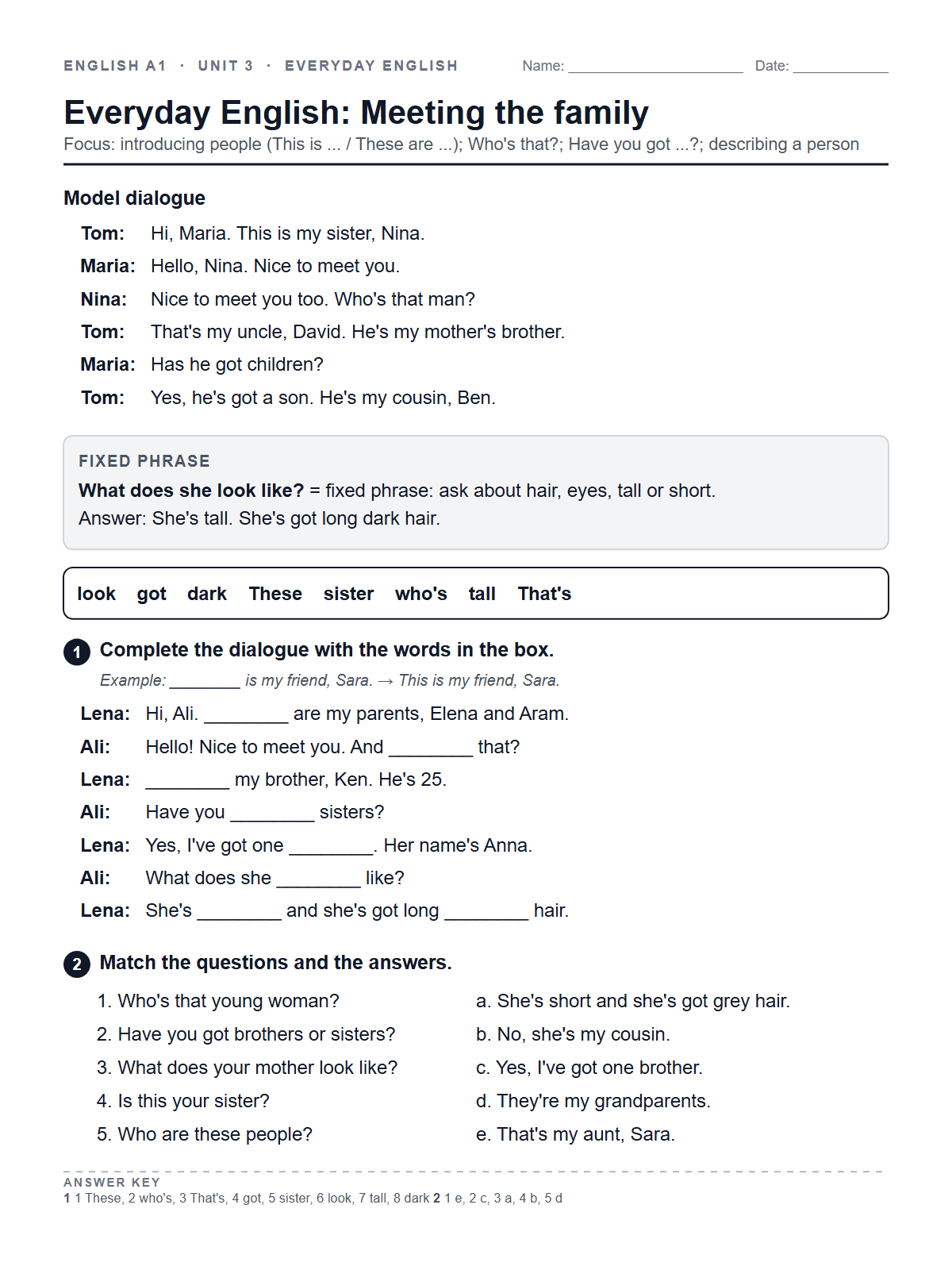 Everyday English: Meeting the family — printable worksheet