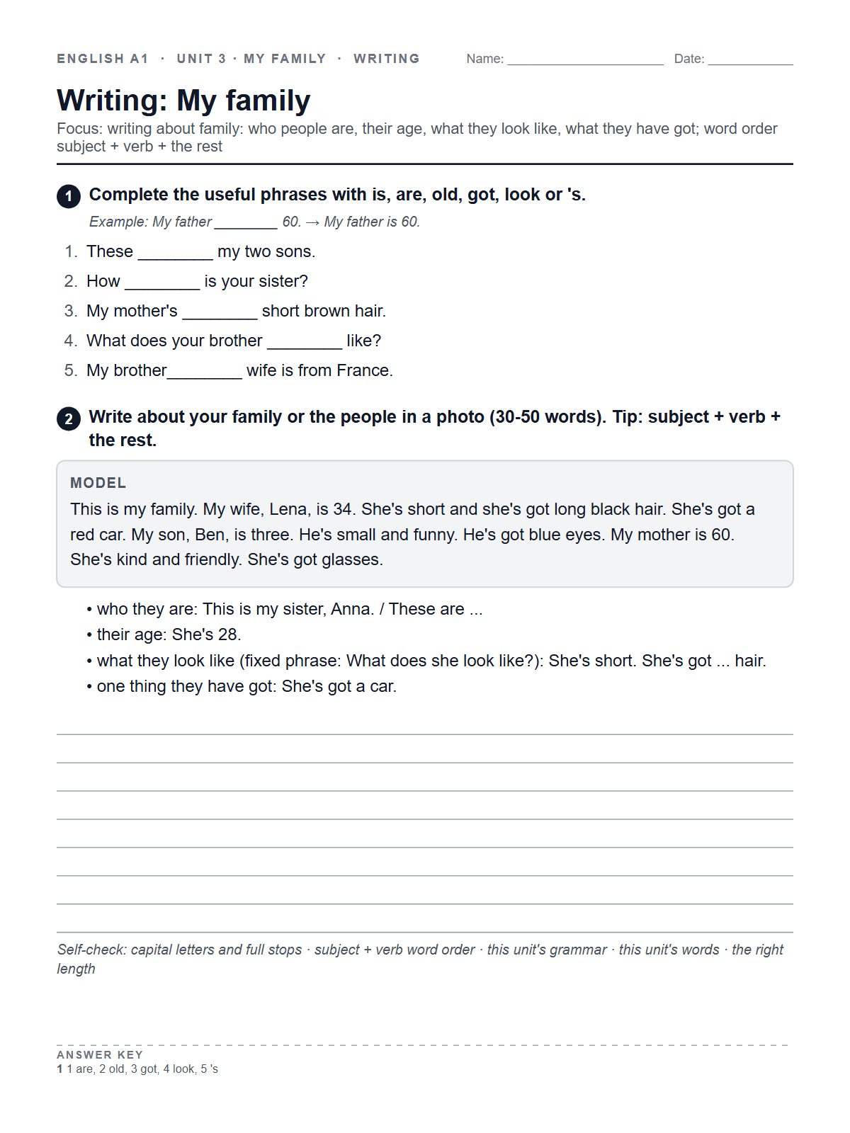 Writing: My family — printable worksheet