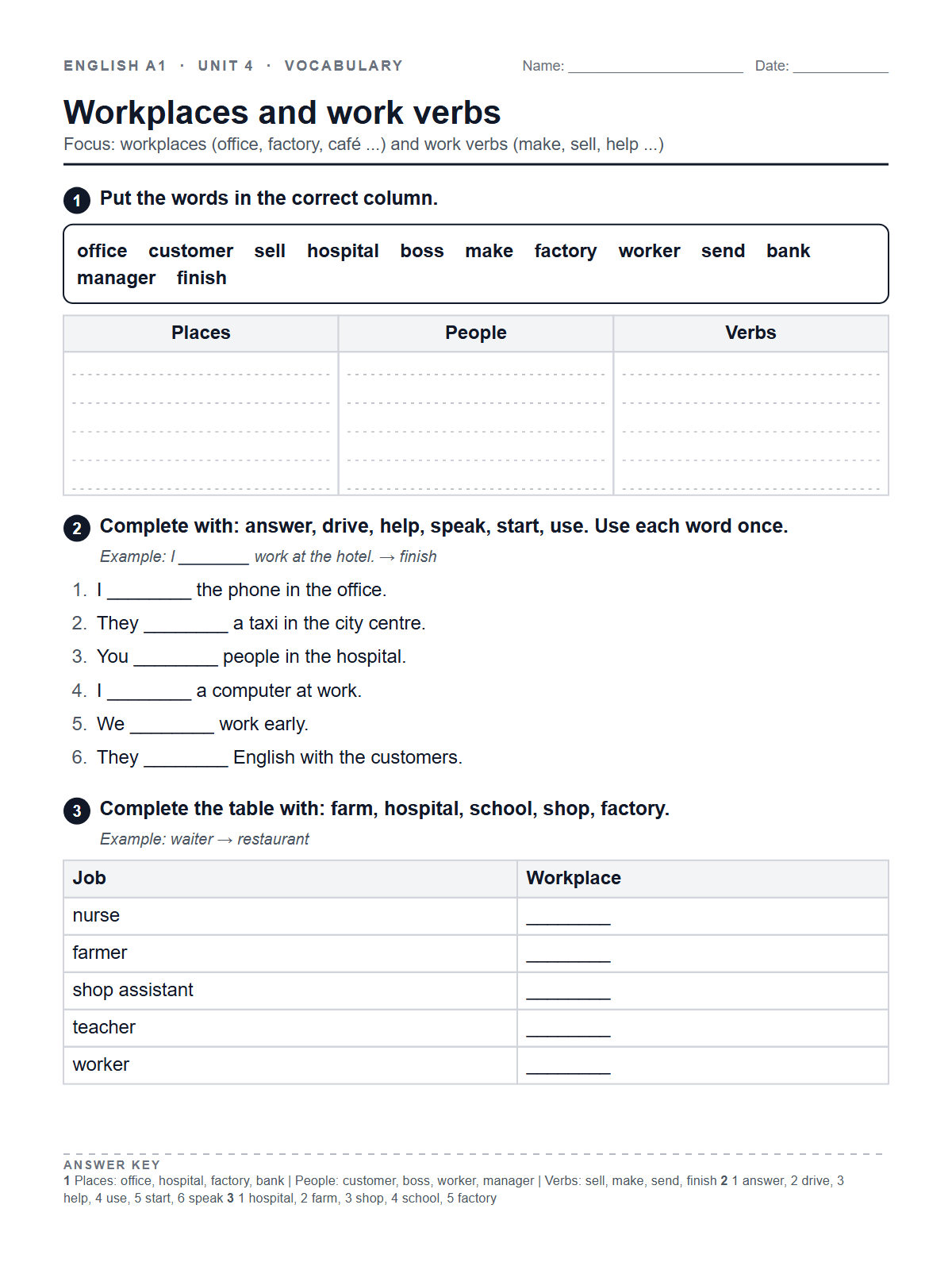 Workplaces and work verbs — printable worksheet