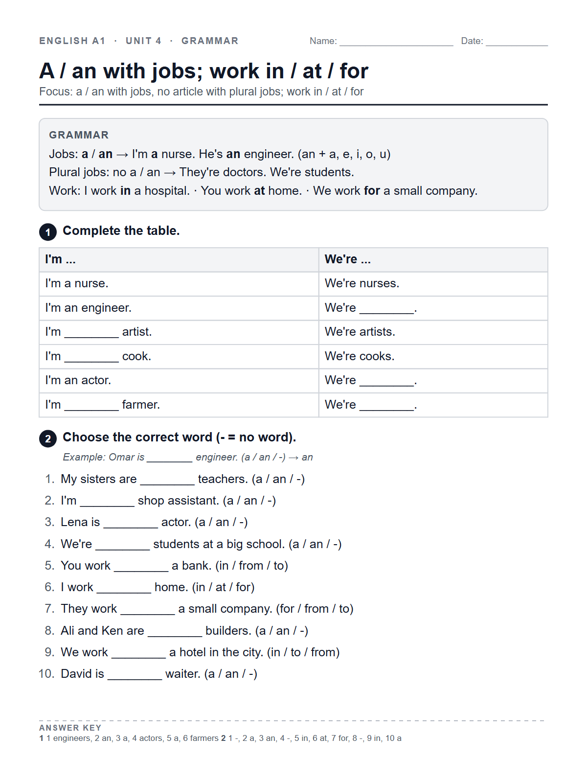 A / an with jobs; work in / at / for — printable worksheet
