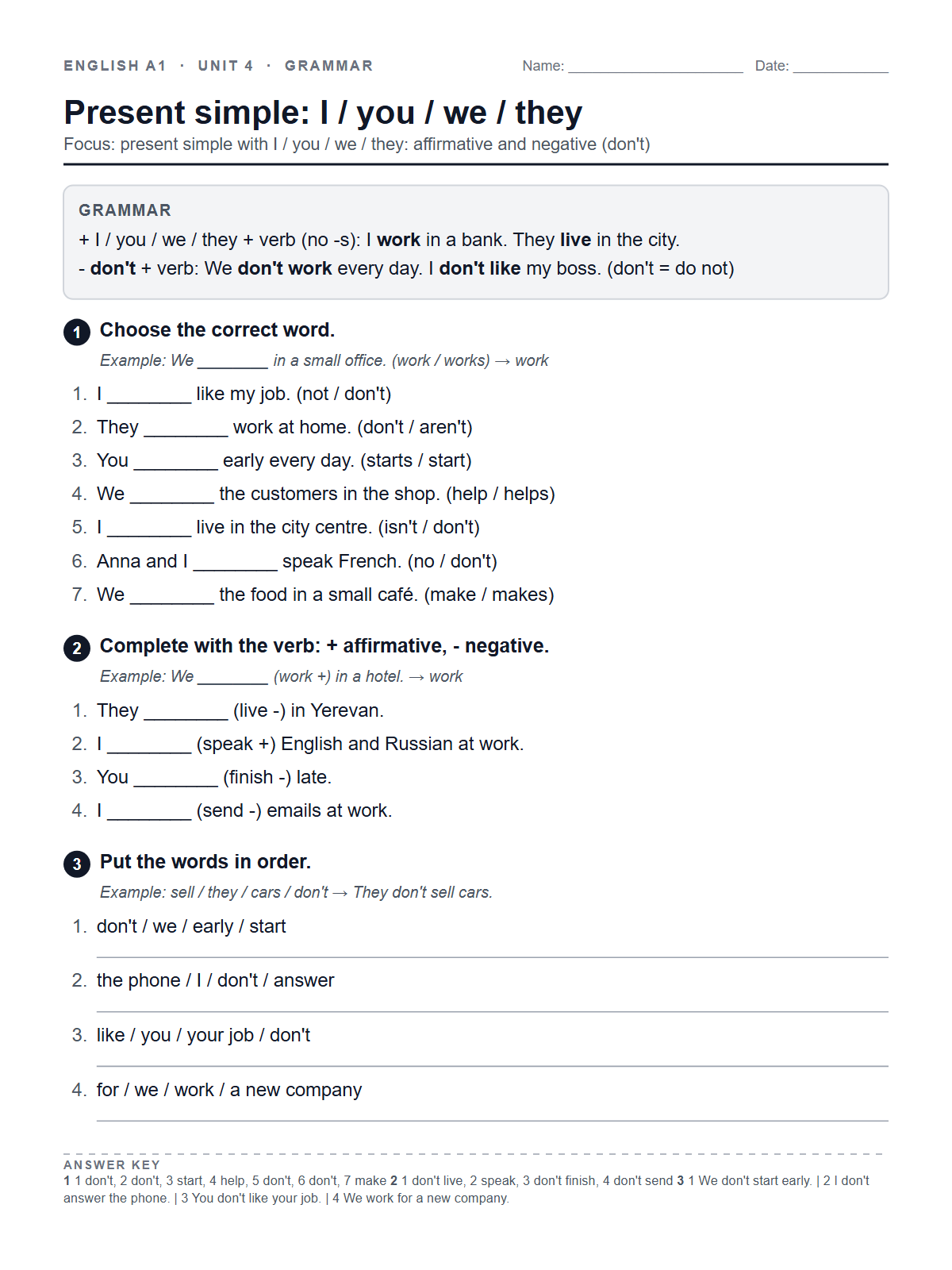 Present simple: I / you / we / they — printable worksheet