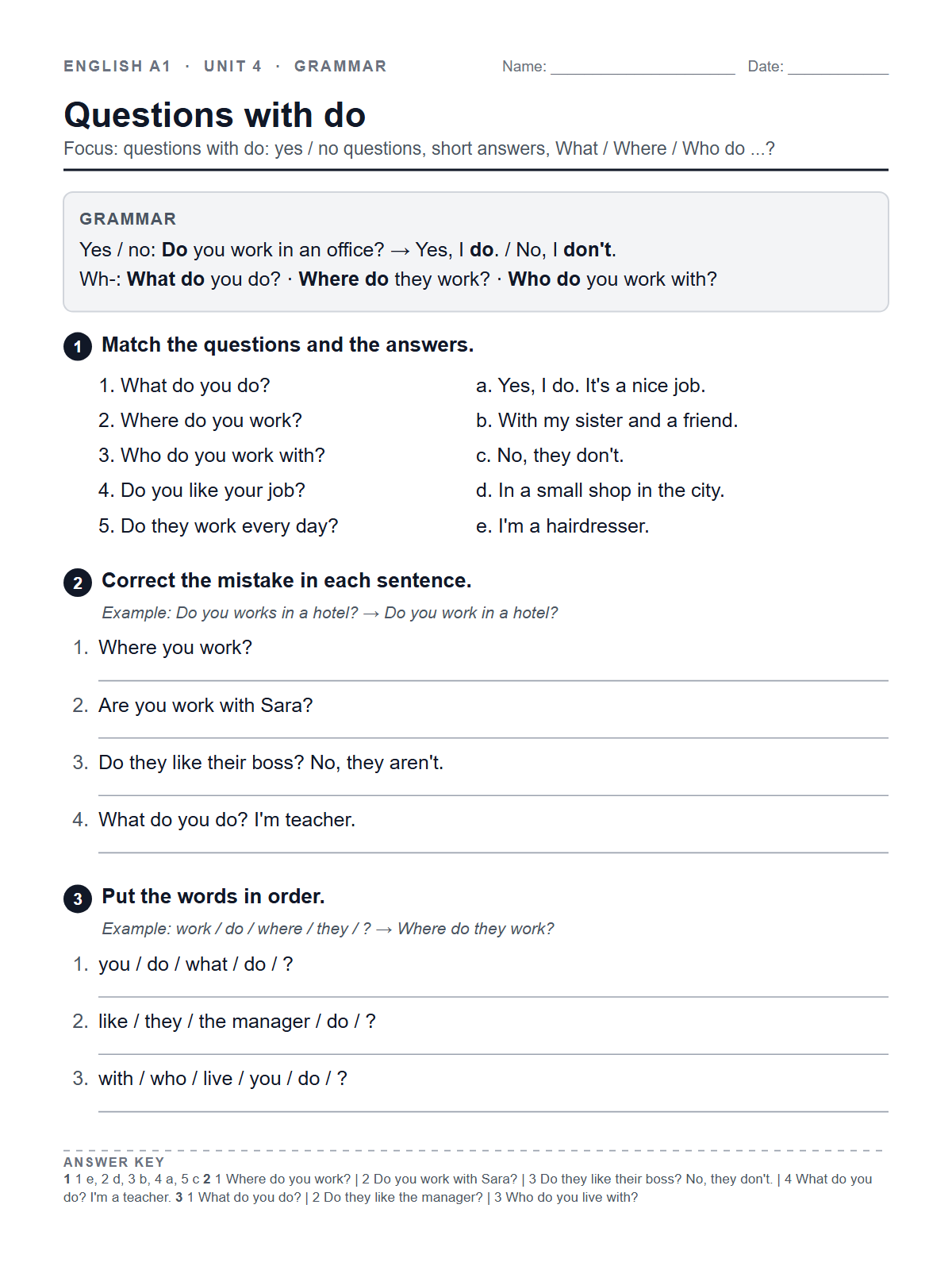 Questions with do — printable worksheet