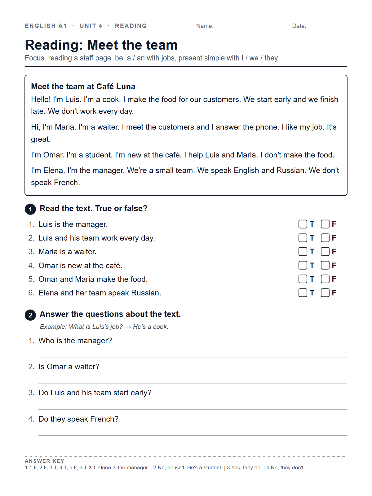 Reading: Meet the team — printable worksheet