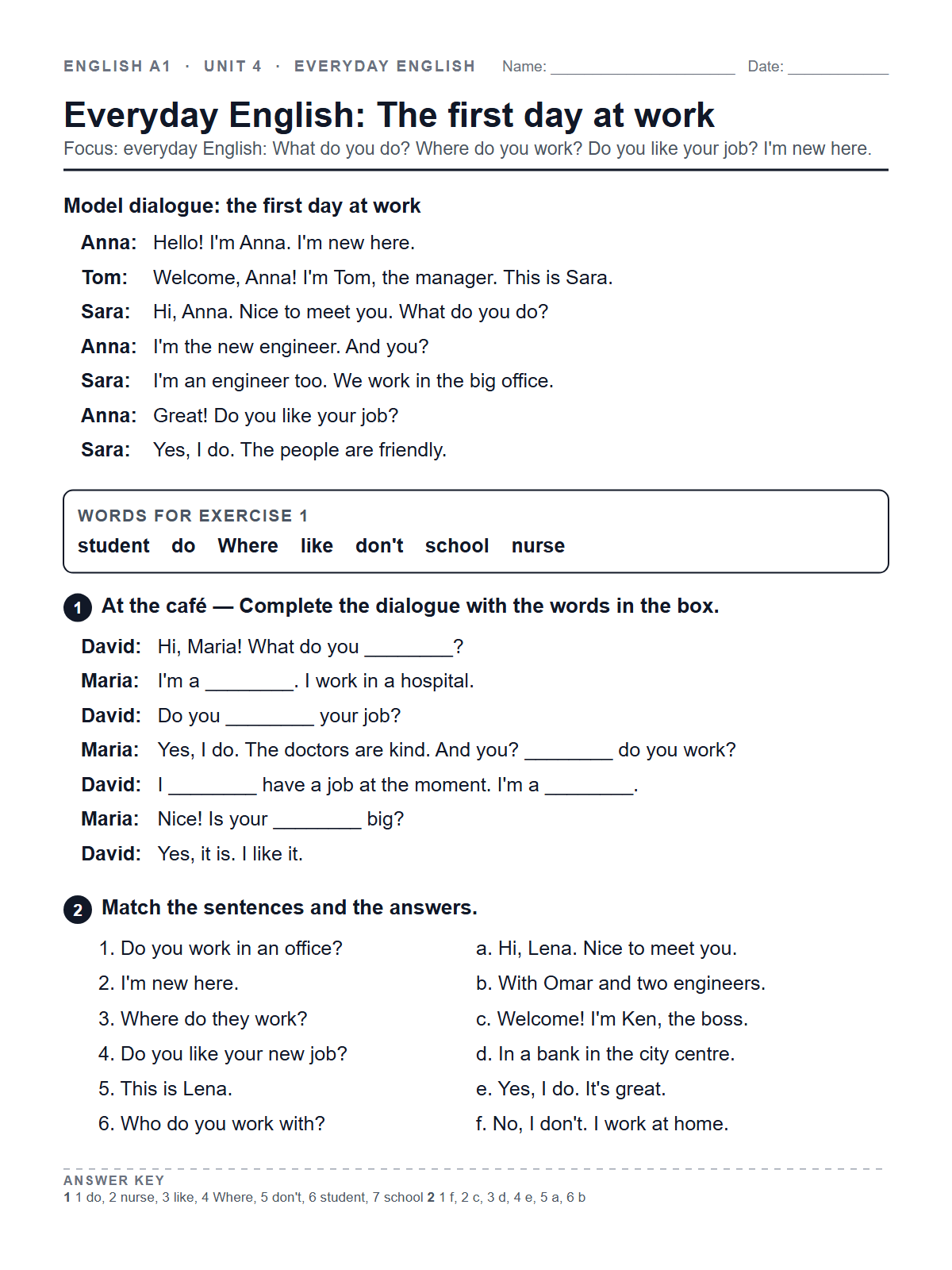 Everyday English: The first day at work — printable worksheet