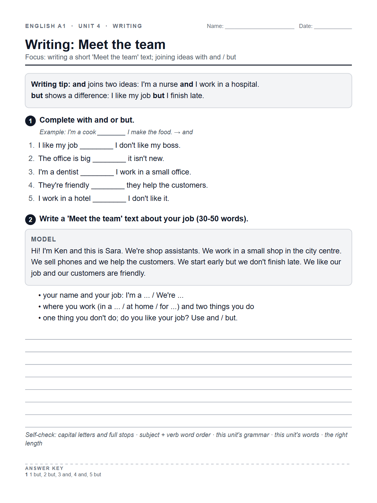 Writing: Meet the team — printable worksheet