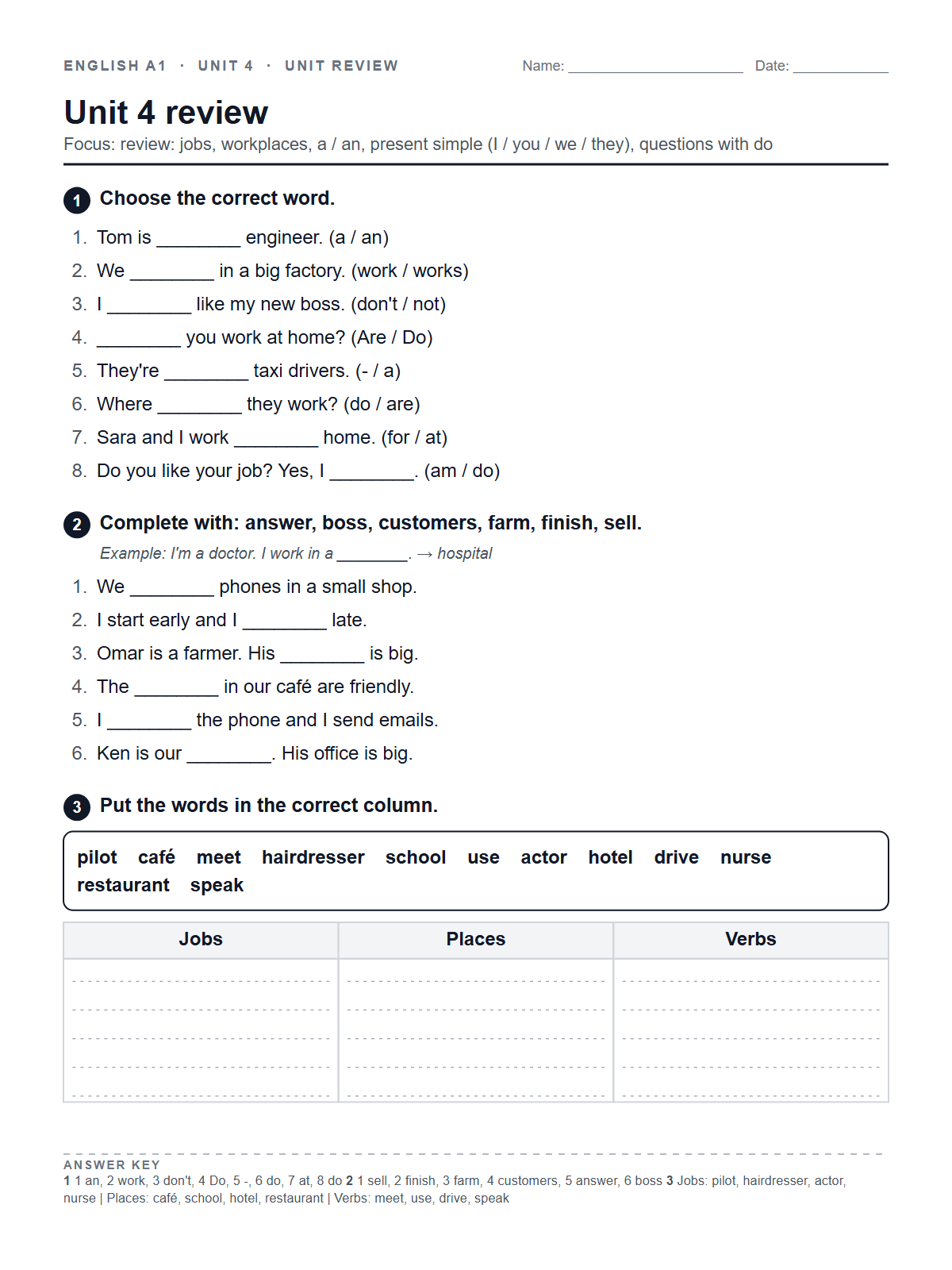 Unit 4 review — printable worksheet