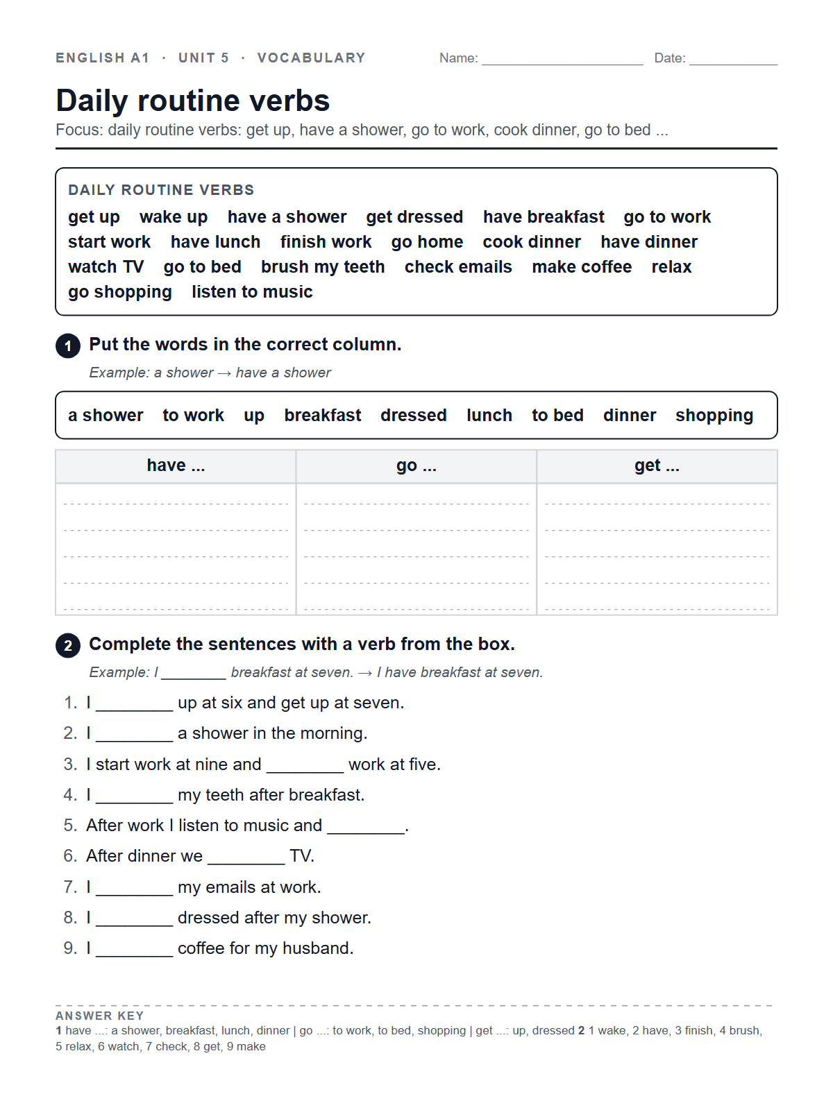 Daily routine verbs — printable worksheet