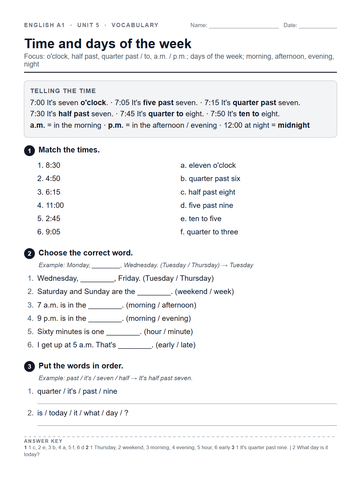 Time and days of the week — printable worksheet