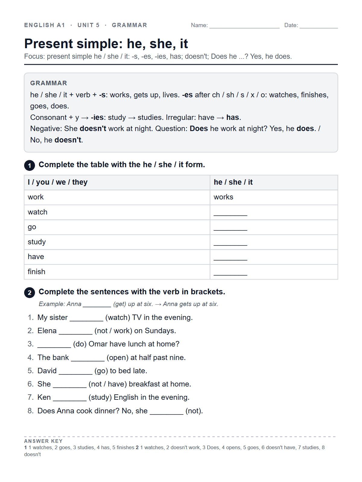 Present simple: he, she, it — printable worksheet