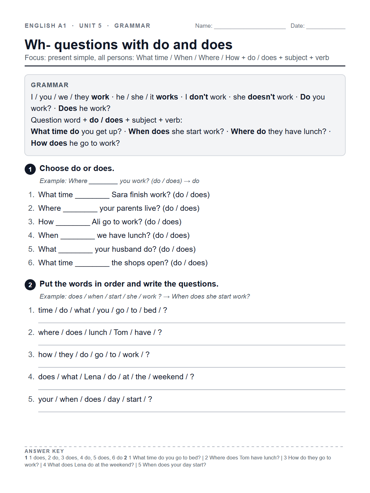 Wh- questions with do and does — printable worksheet
