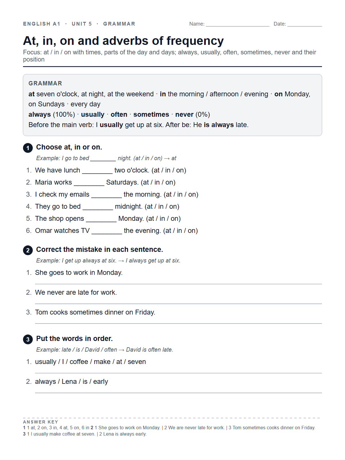 At, in, on and adverbs of frequency — printable worksheet