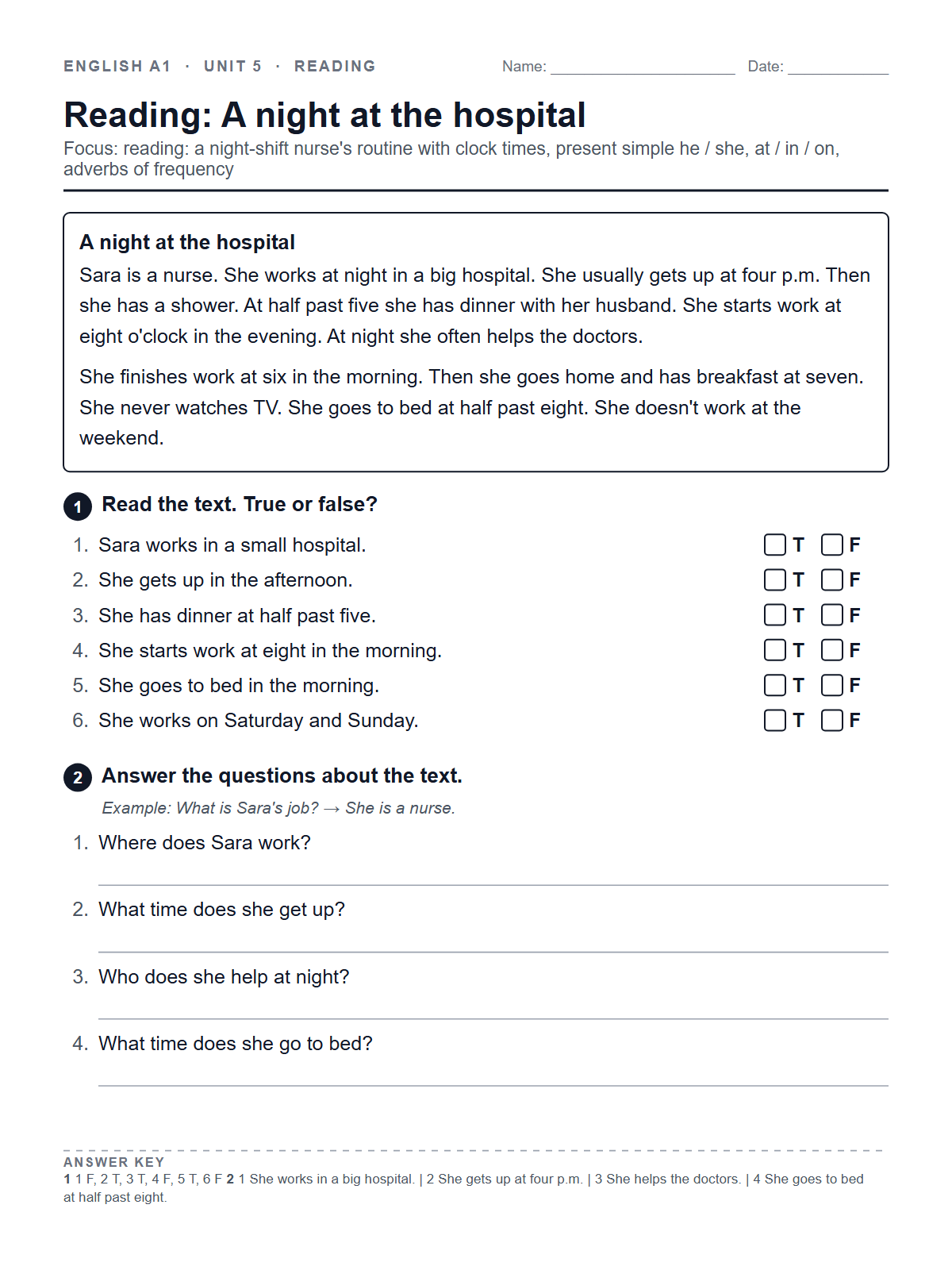 Reading: A night at the hospital — printable worksheet